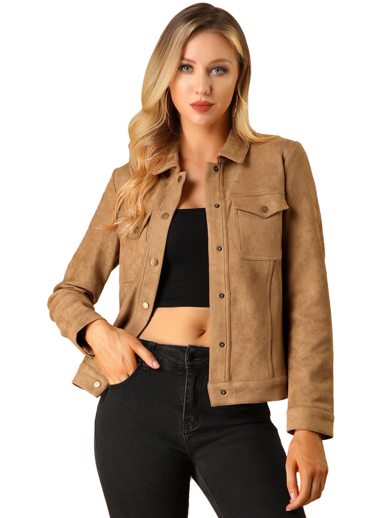 Faux Suede Turn-Down Collar Flap Pocket Snap Button Jacket