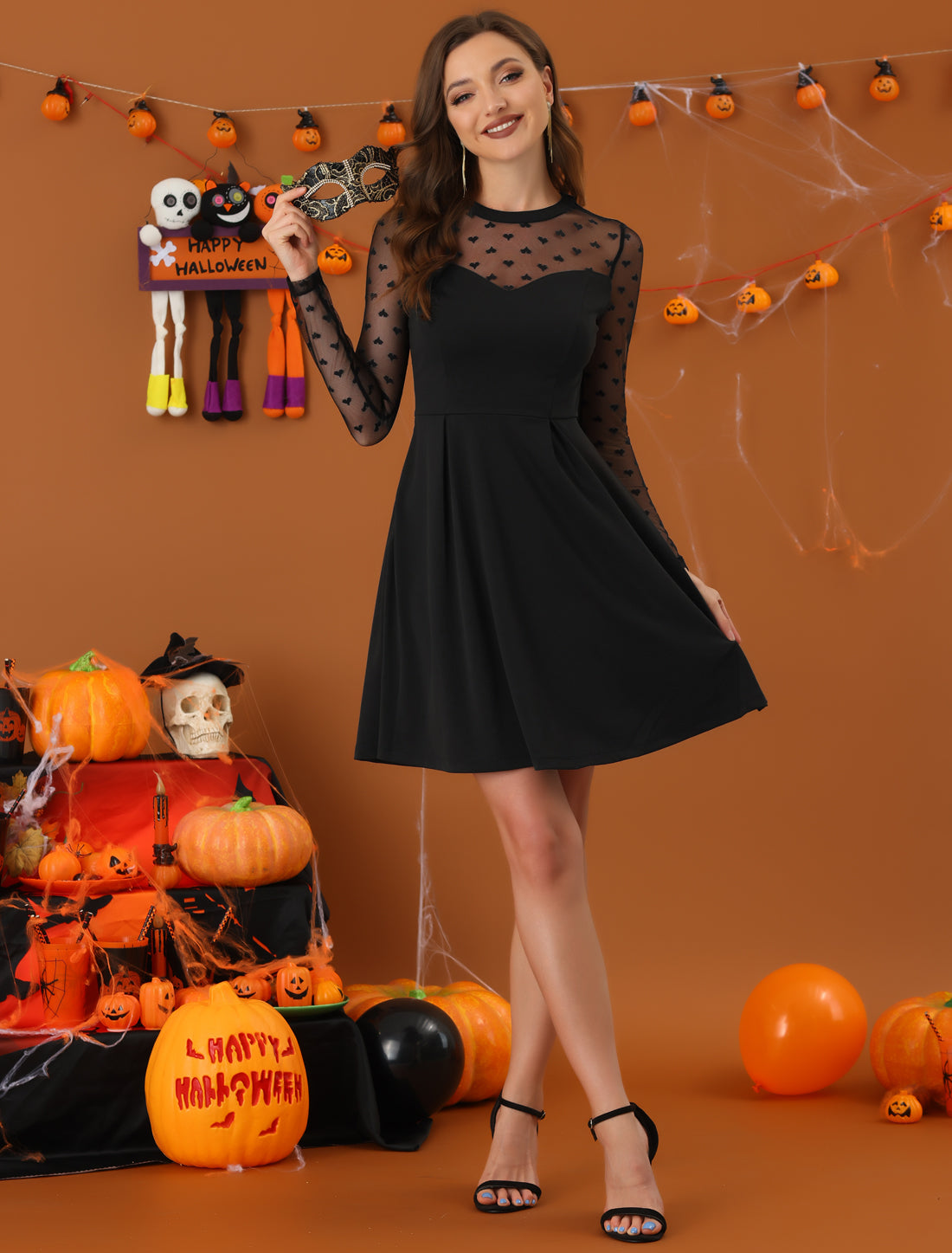 Heart Mesh Sheer Long Sleeve Gothic Cocktail Skater Mini Dress