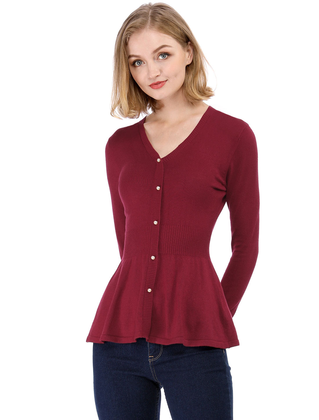 V Neck Long Sleeve Ribbed Pullover Knitted Peplum Top
