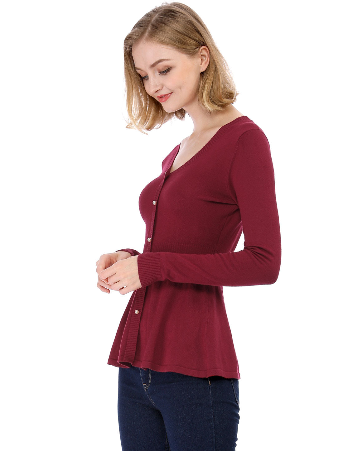 V Neck Long Sleeve Ribbed Pullover Knitted Peplum Top