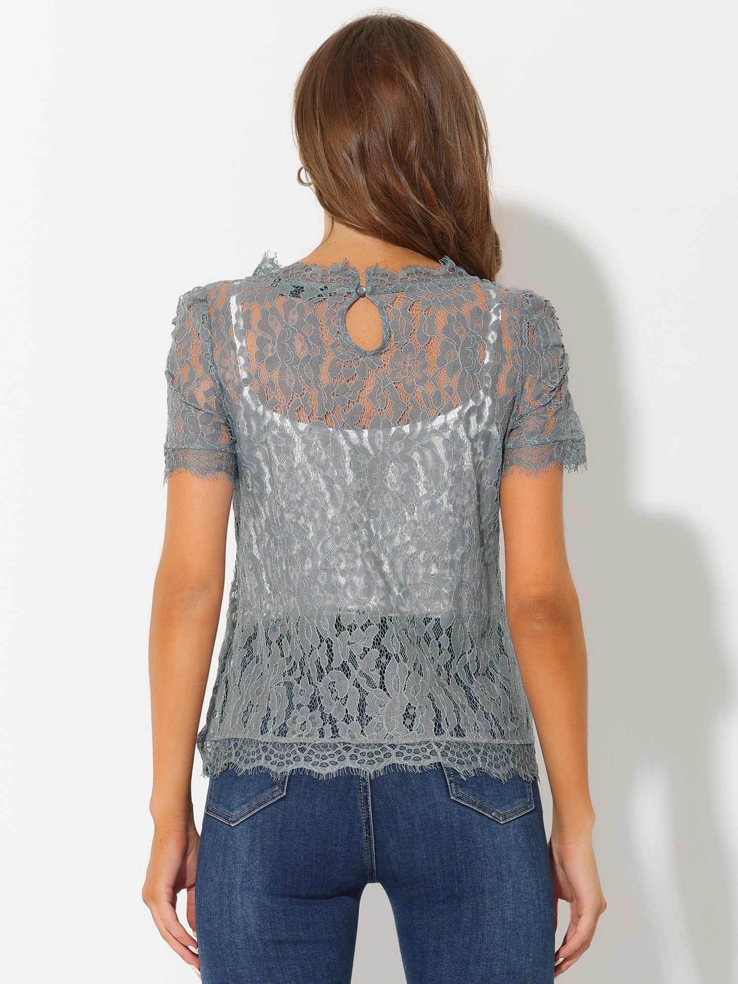 Lace Floral Scalloped Trim Short Sleeve Semi Sheer Blouse