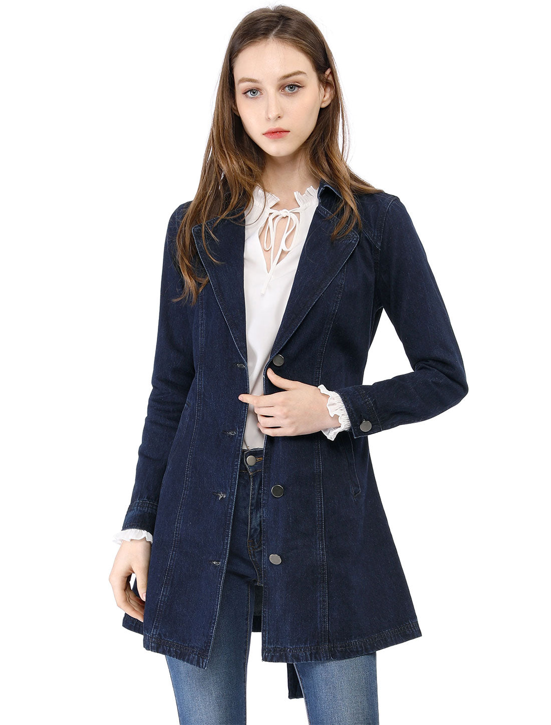 Notched Lapel Belted Trench Long Jean Denim Jacket