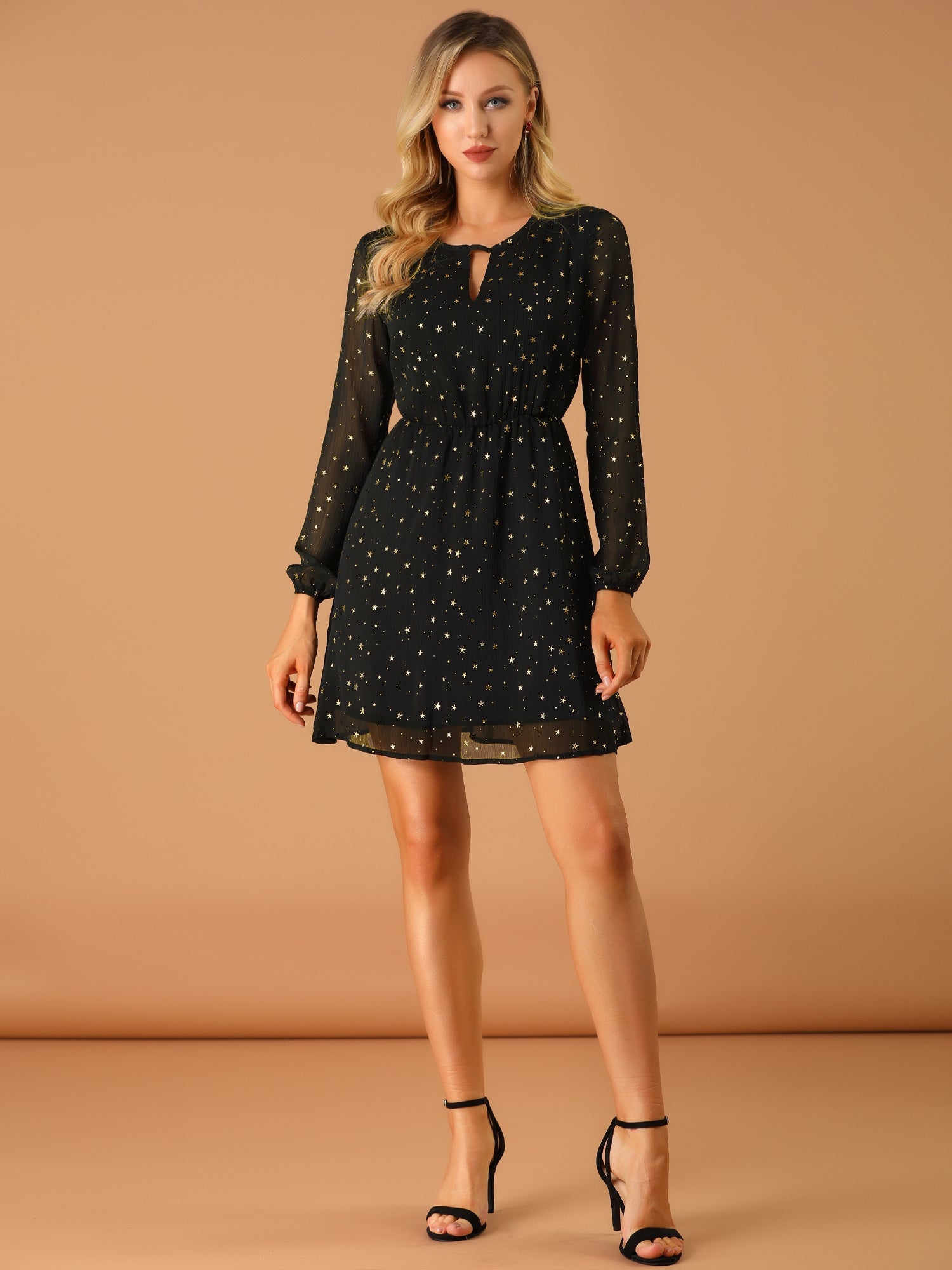 Choker V Neck Flared Gilding Metallic Shiny Star A-Line Dress