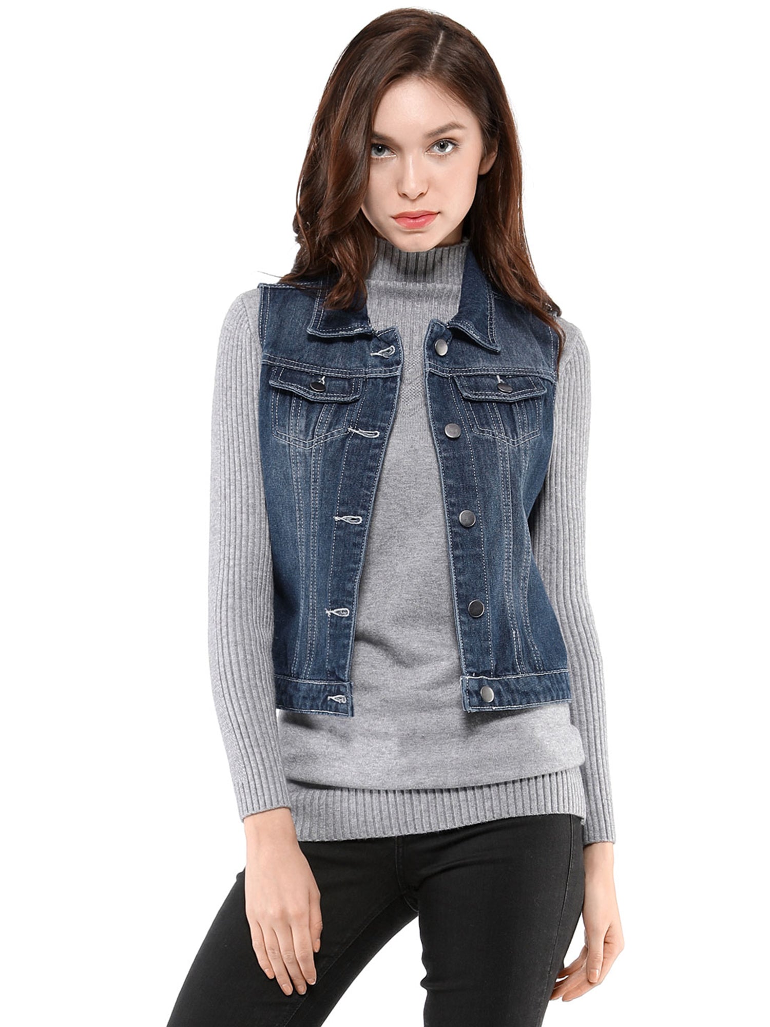 Flap Pocket Washed Buttoned Denim Jacket Vest