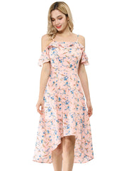 Spaghetti Strap Asymmetrical High Low Floral A-Line Midi Dress