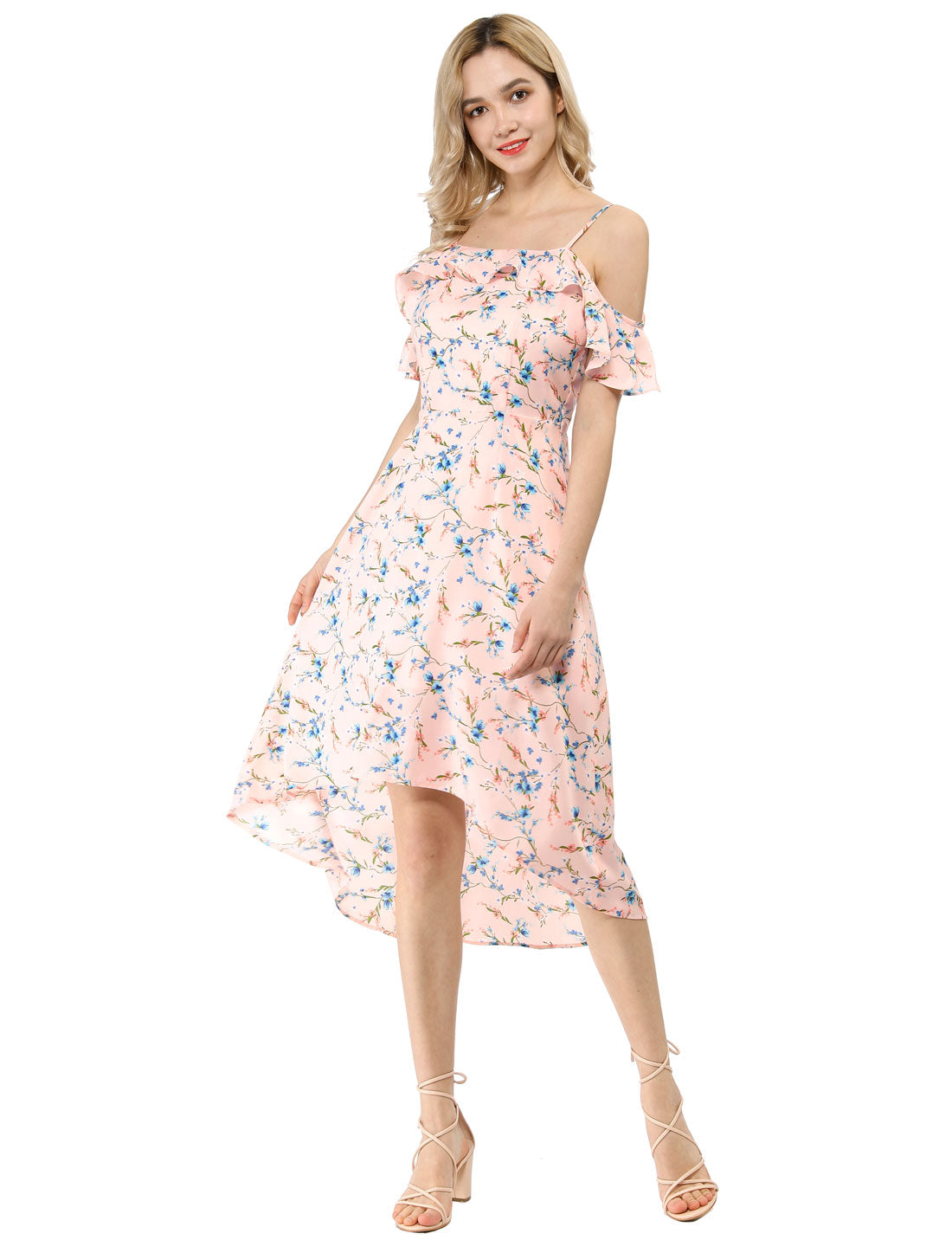 Spaghetti Strap Asymmetrical High Low Floral A-Line Midi Dress