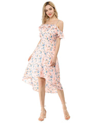 Spaghetti Strap Asymmetrical High Low Floral A-Line Midi Dress