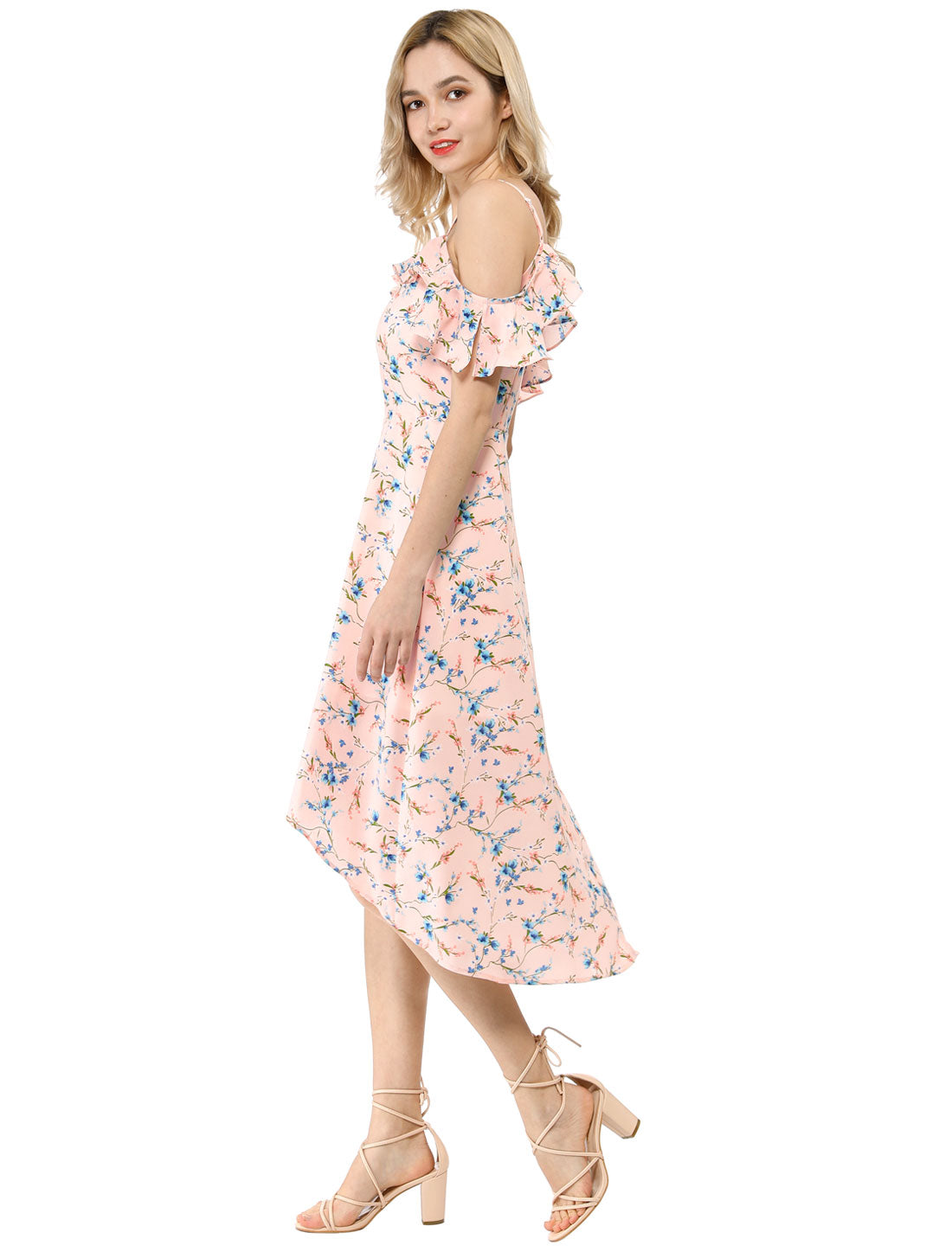 Spaghetti Strap Asymmetrical High Low Floral A-Line Midi Dress