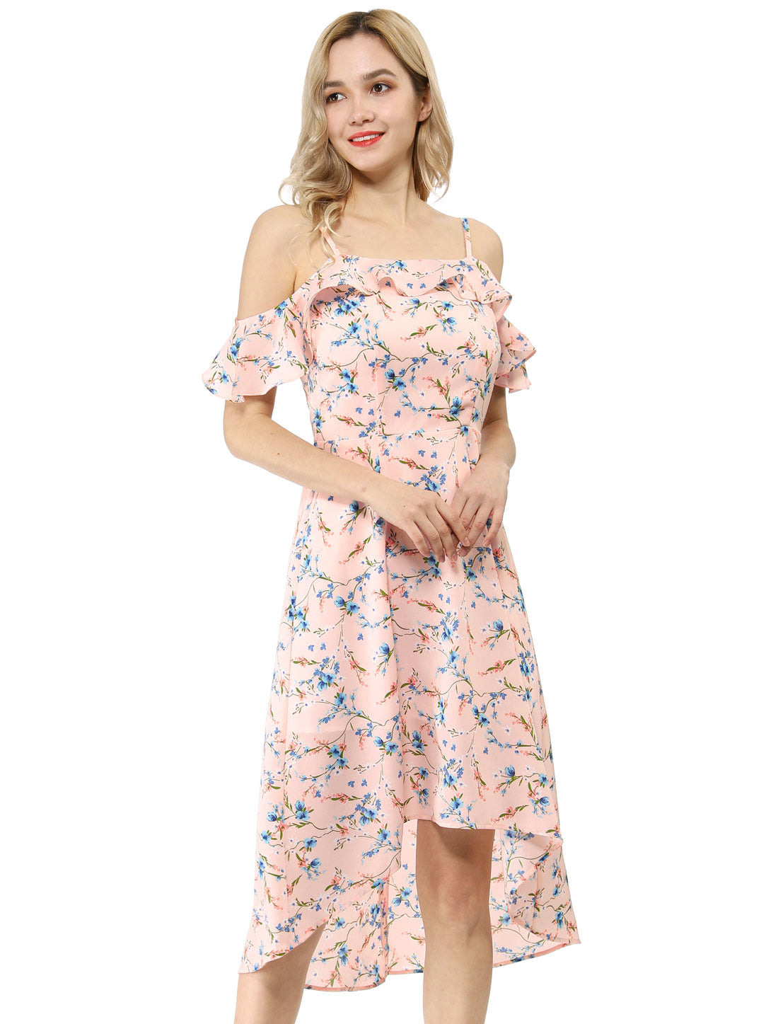 Spaghetti Strap Asymmetrical High Low Floral A-Line Midi Dress