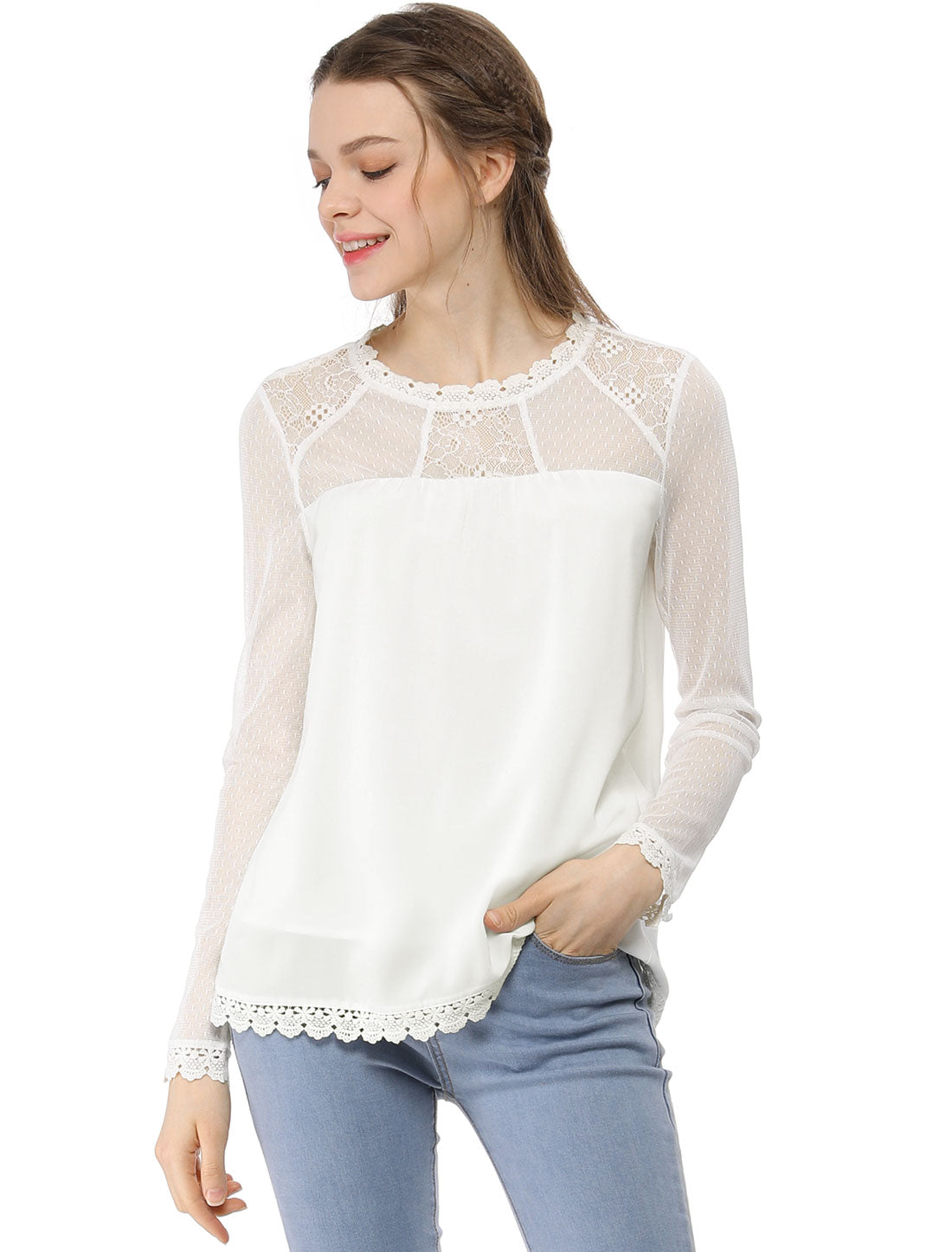 Lace Mesh Long Sleeve Top Round Neck Casual Elegant Blouse