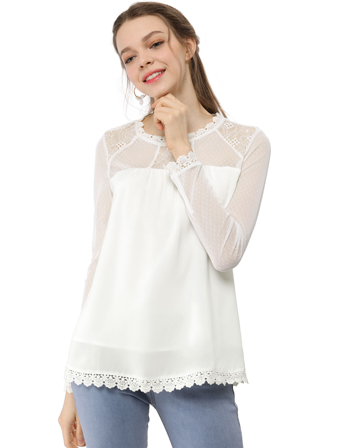 Lace Mesh Long Sleeve Top Round Neck Casual Elegant Blouse