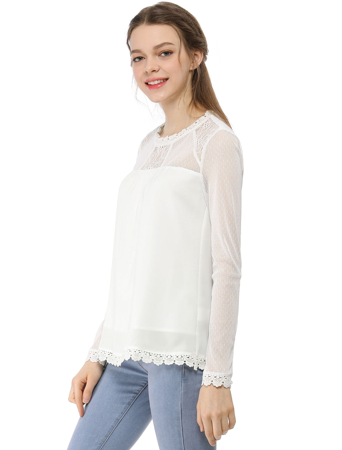 Lace Mesh Long Sleeve Top Round Neck Casual Elegant Blouse