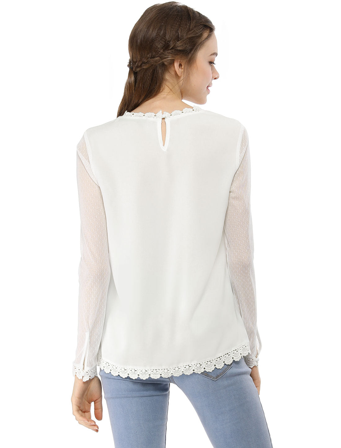 Lace Mesh Long Sleeve Top Round Neck Casual Elegant Blouse