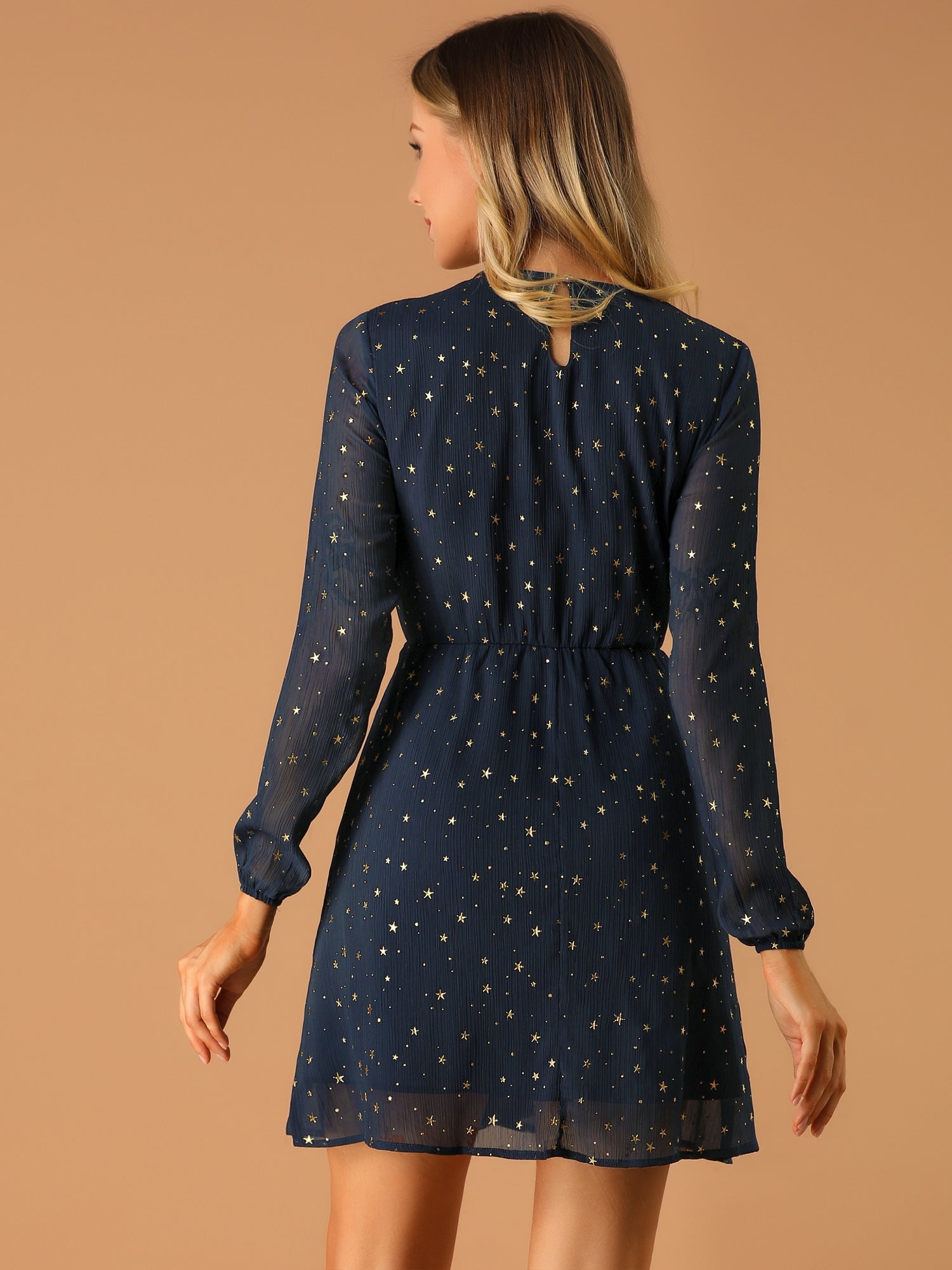 Choker V Neck Flared Gilding Metallic Shiny Star A-Line Dress