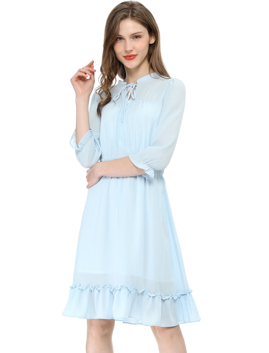 Ruffle Hem 3/4 Sleeve A-Line Smocked Midi Chiffon Dress
