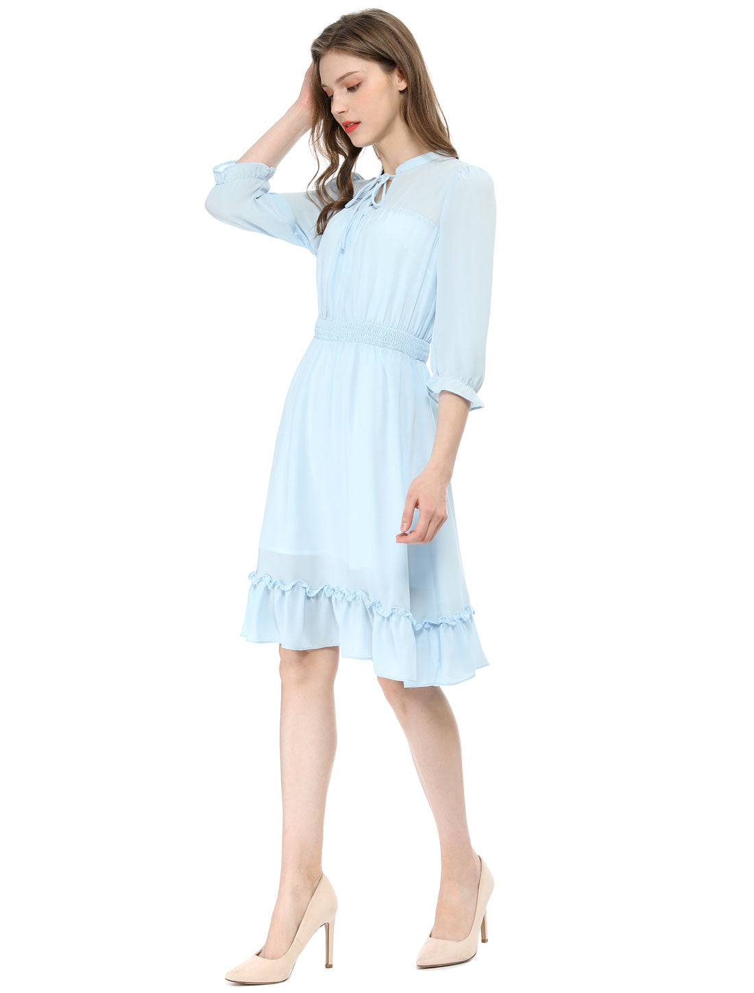 Ruffle Hem 3/4 Sleeve A-Line Smocked Midi Chiffon Dress
