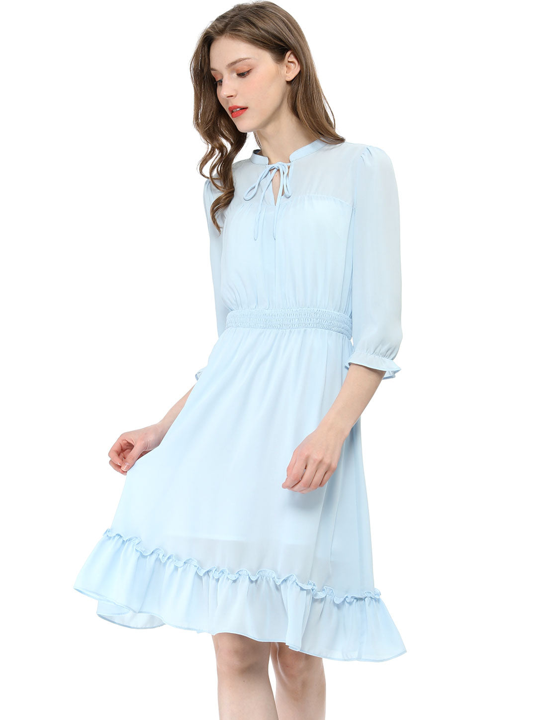 Ruffle Hem 3/4 Sleeve A-Line Smocked Midi Chiffon Dress