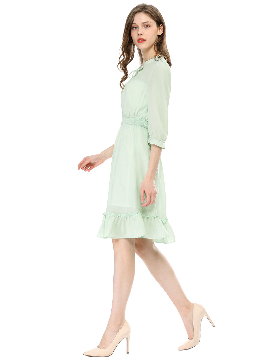 Ruffle Hem 3/4 Sleeve A-Line Smocked Short Chiffon Dress
