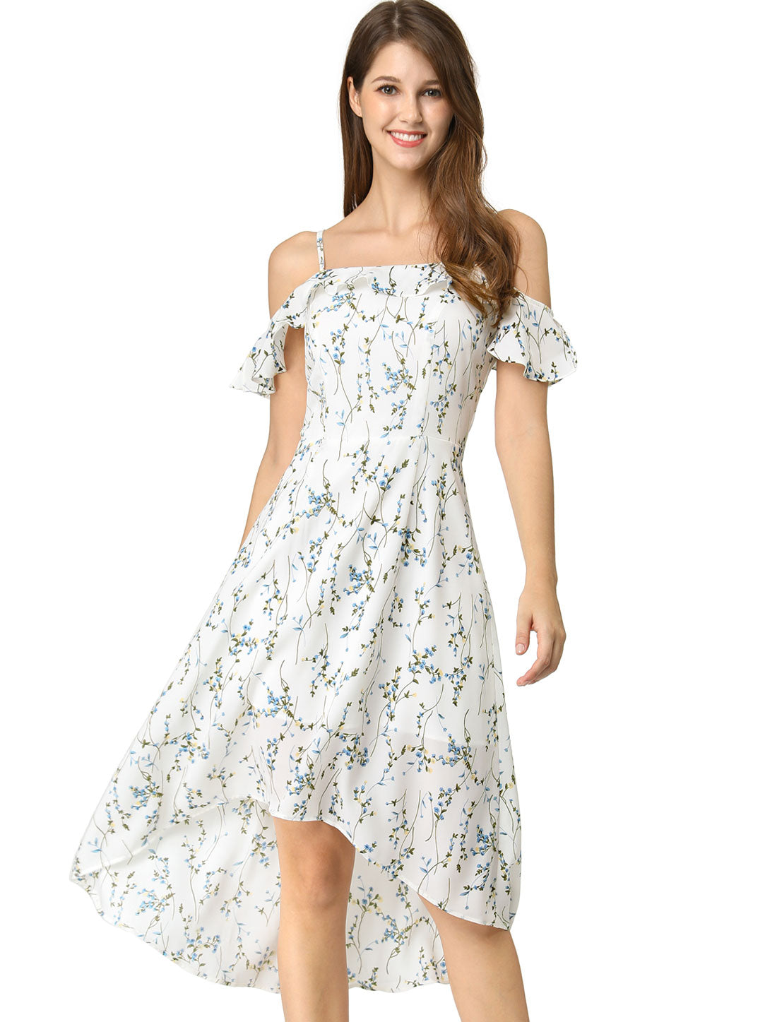 Spaghetti Strap Asymmetrical High Low Floral A-Line Midi Dress