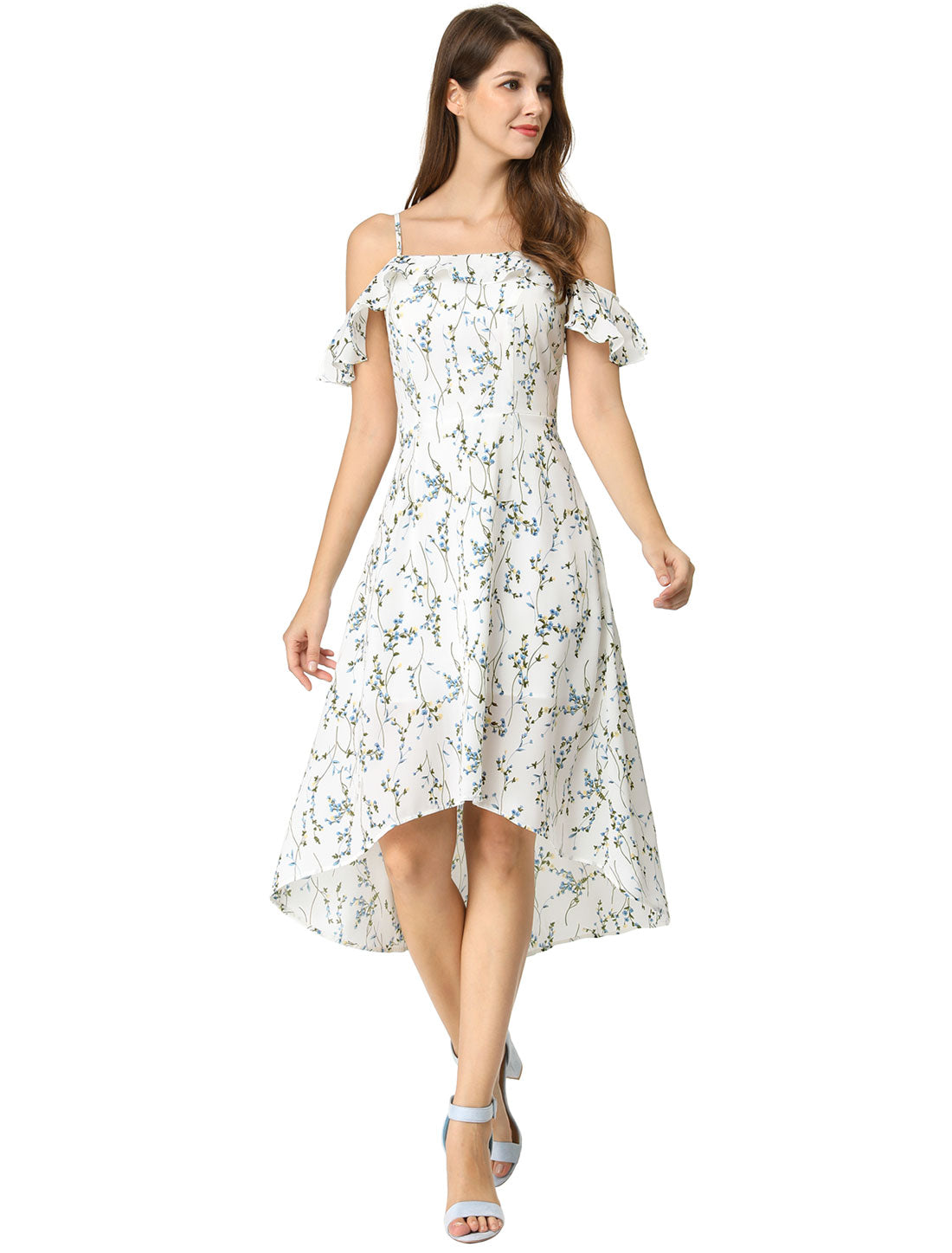 Spaghetti Strap Asymmetrical High Low Floral A-Line Midi Dress