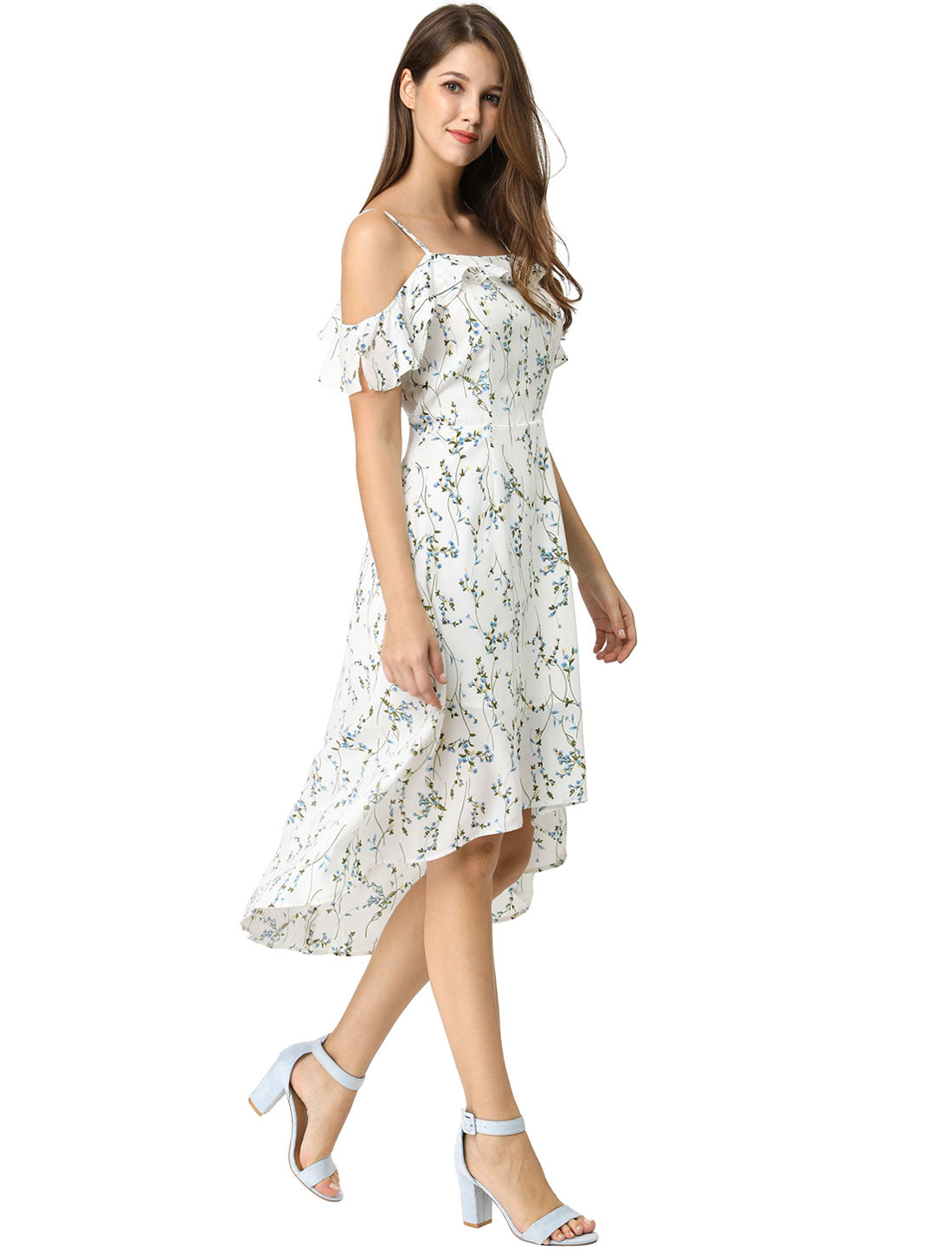 Spaghetti Strap Asymmetrical High Low Floral A-Line Midi Dress