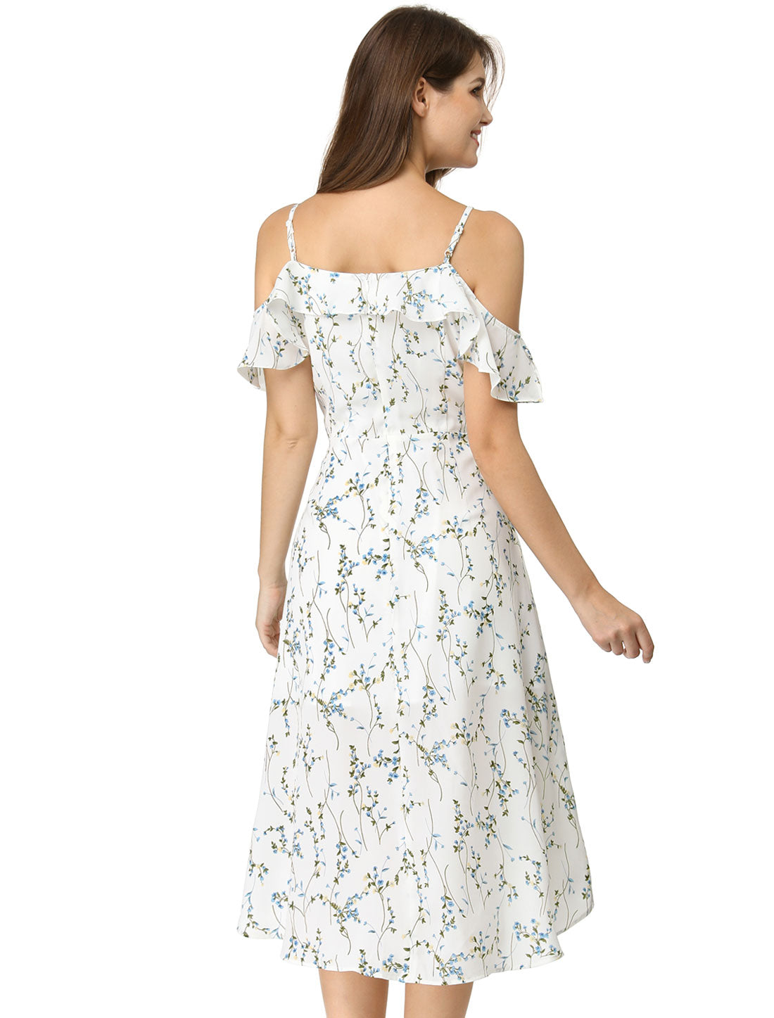 Spaghetti Strap Asymmetrical High Low Floral A-Line Midi Dress
