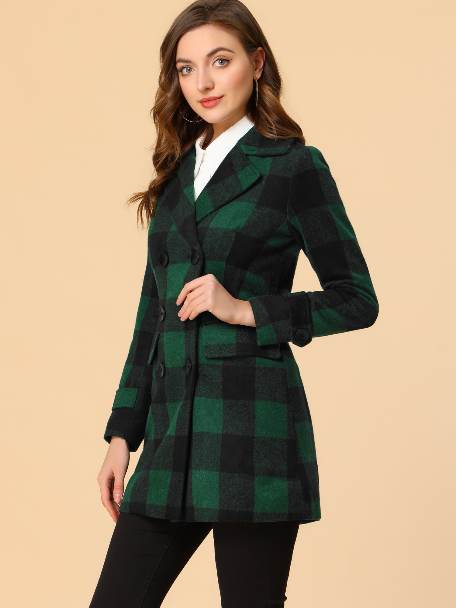 Buffalo Checks Double Breasted Notched Lapel Plaid Trench Pea Coat