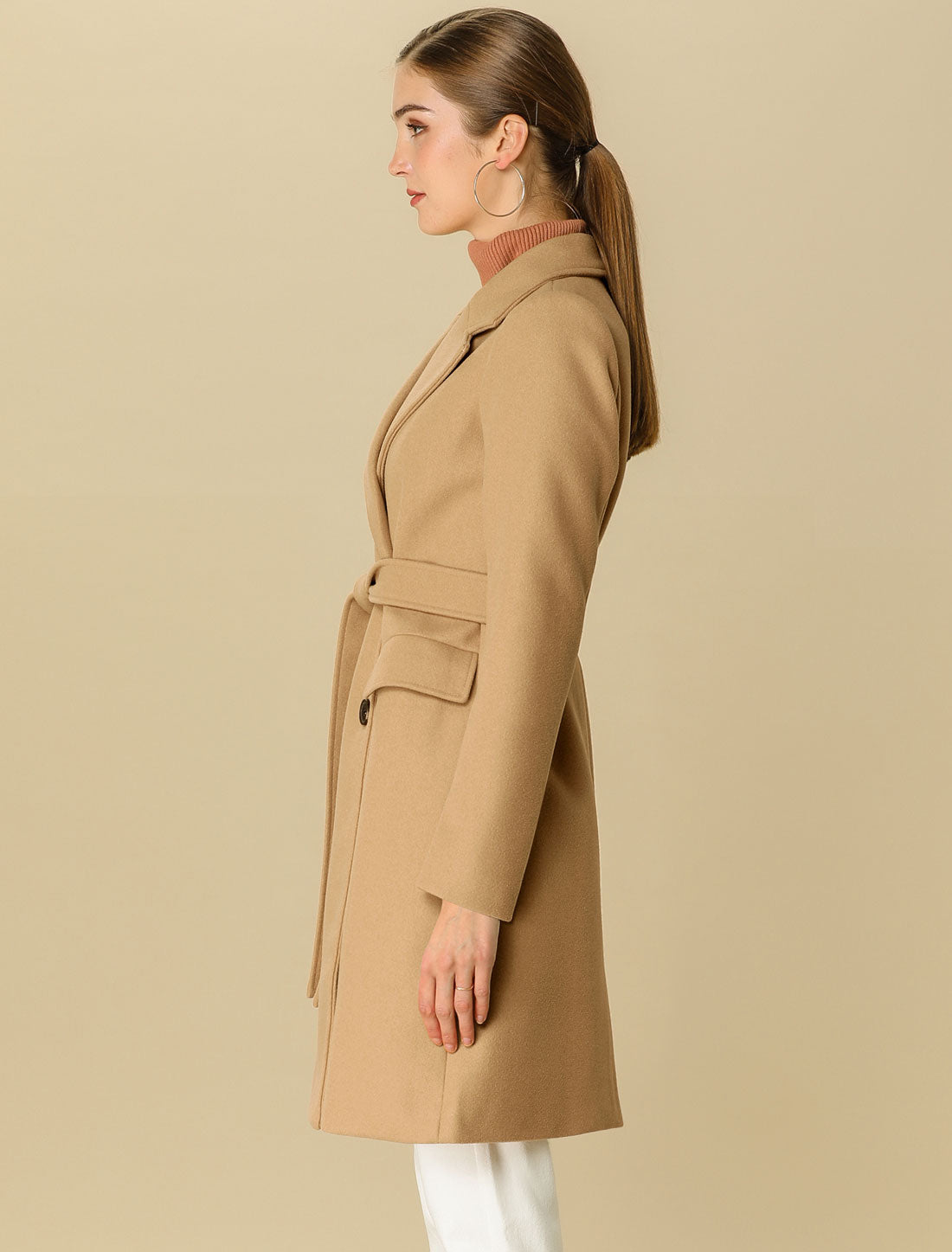 Notch Lapel Double Breasted Belted Mid Long Outwear Winter Coat