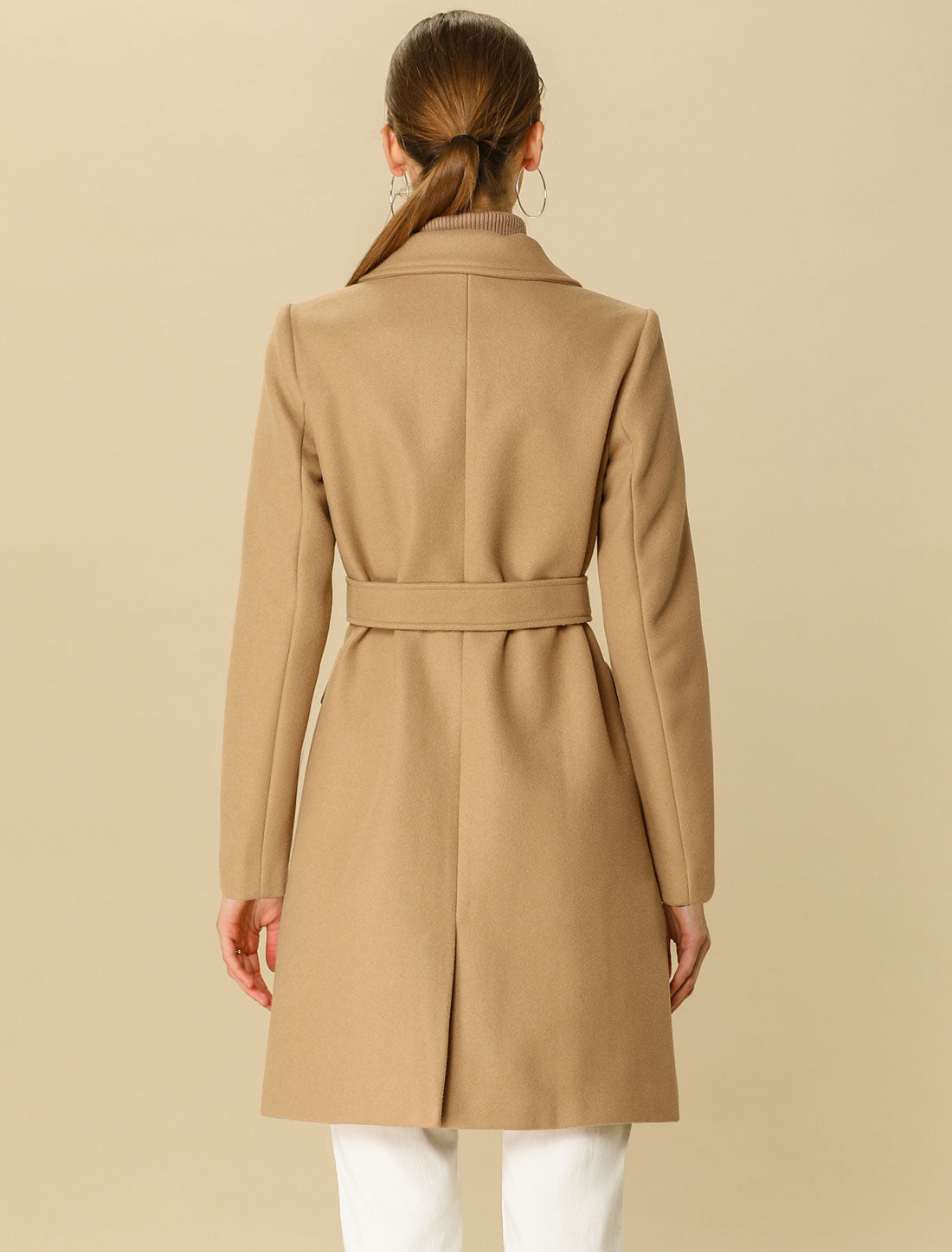 Notch Lapel Double Breasted Belted Mid Long Outwear Winter Coat