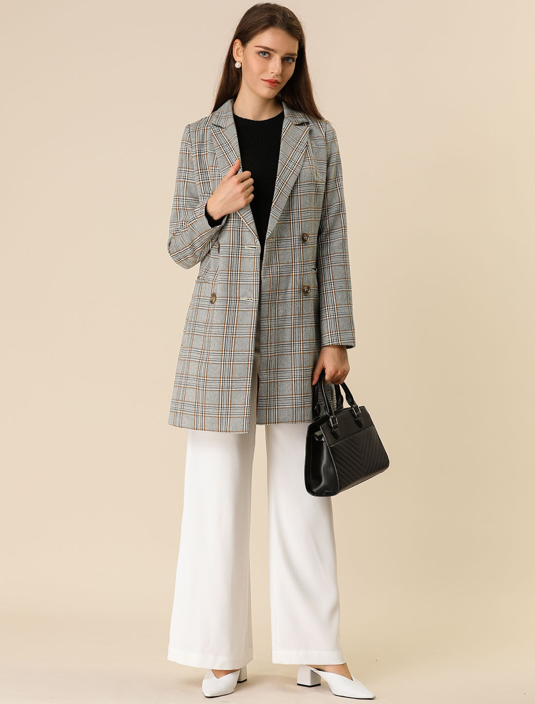 Double Breasted Notched Lapel Plaid Trench Blazer Coat