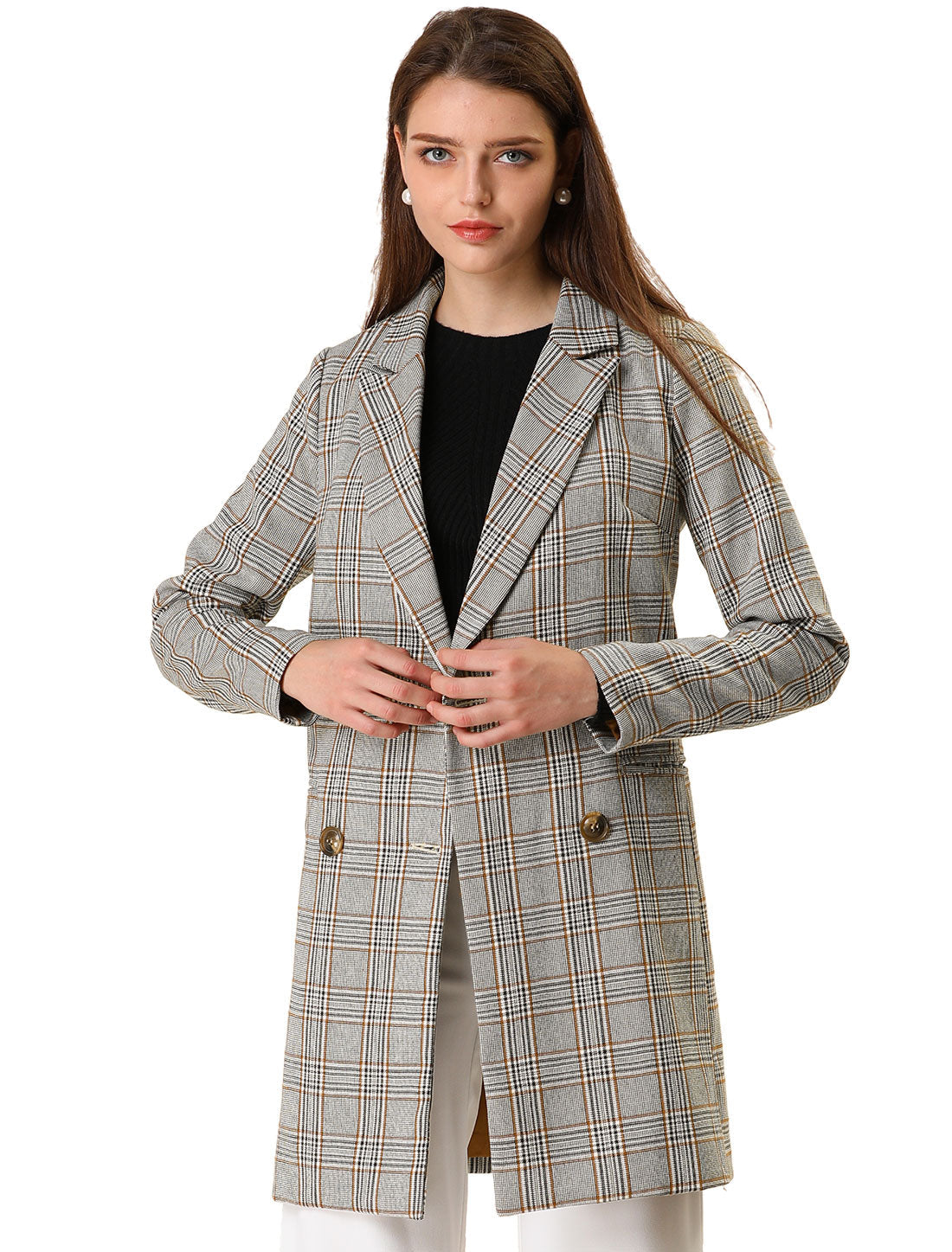 Double Breasted Notched Lapel Plaid Trench Blazer Coat