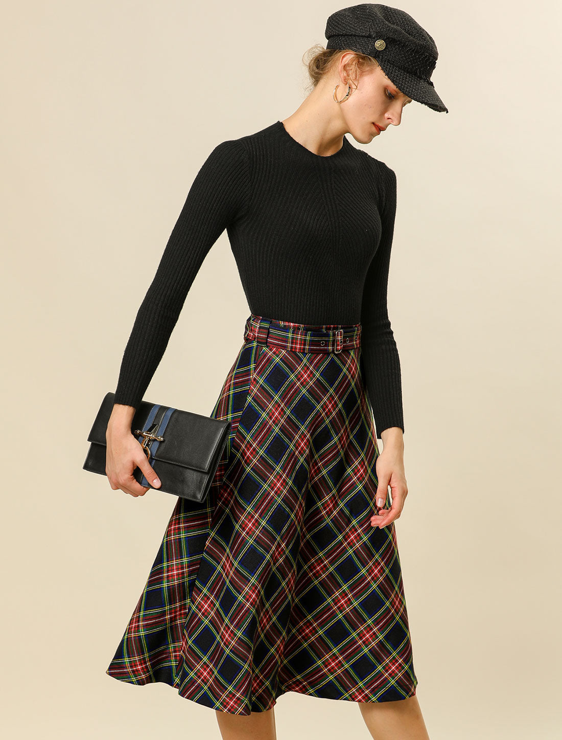 Christmas Tartan Plaid High Waist Belted Vintage A-Line Midi Skirt