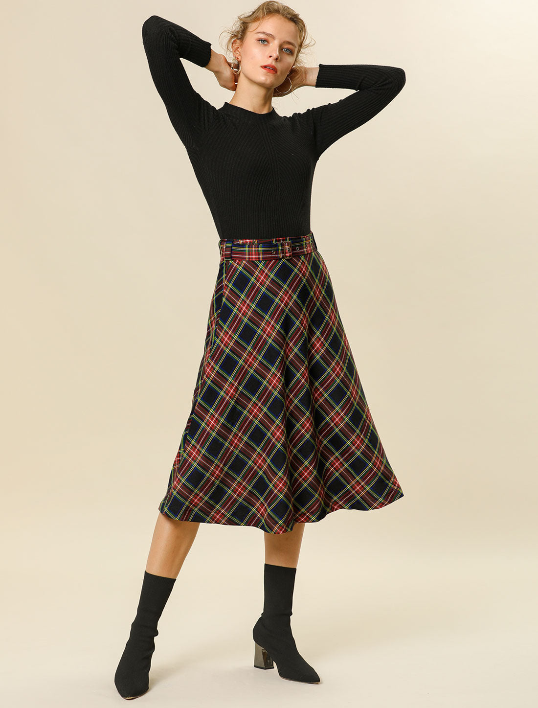 Christmas Tartan Plaid High Waist Belted Vintage A-Line Midi Skirt