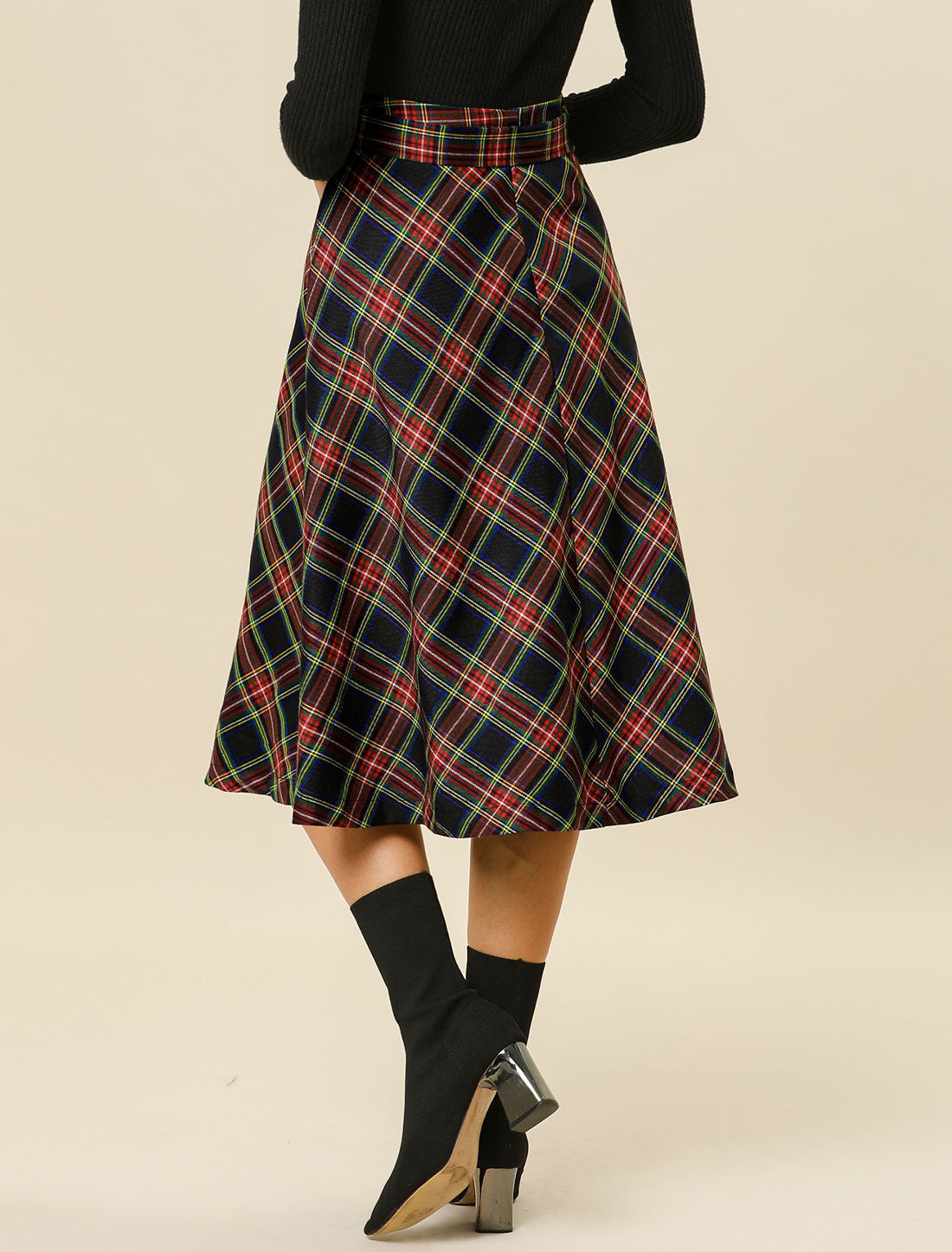 Christmas Tartan Plaid High Waist Belted Vintage A-Line Midi Skirt