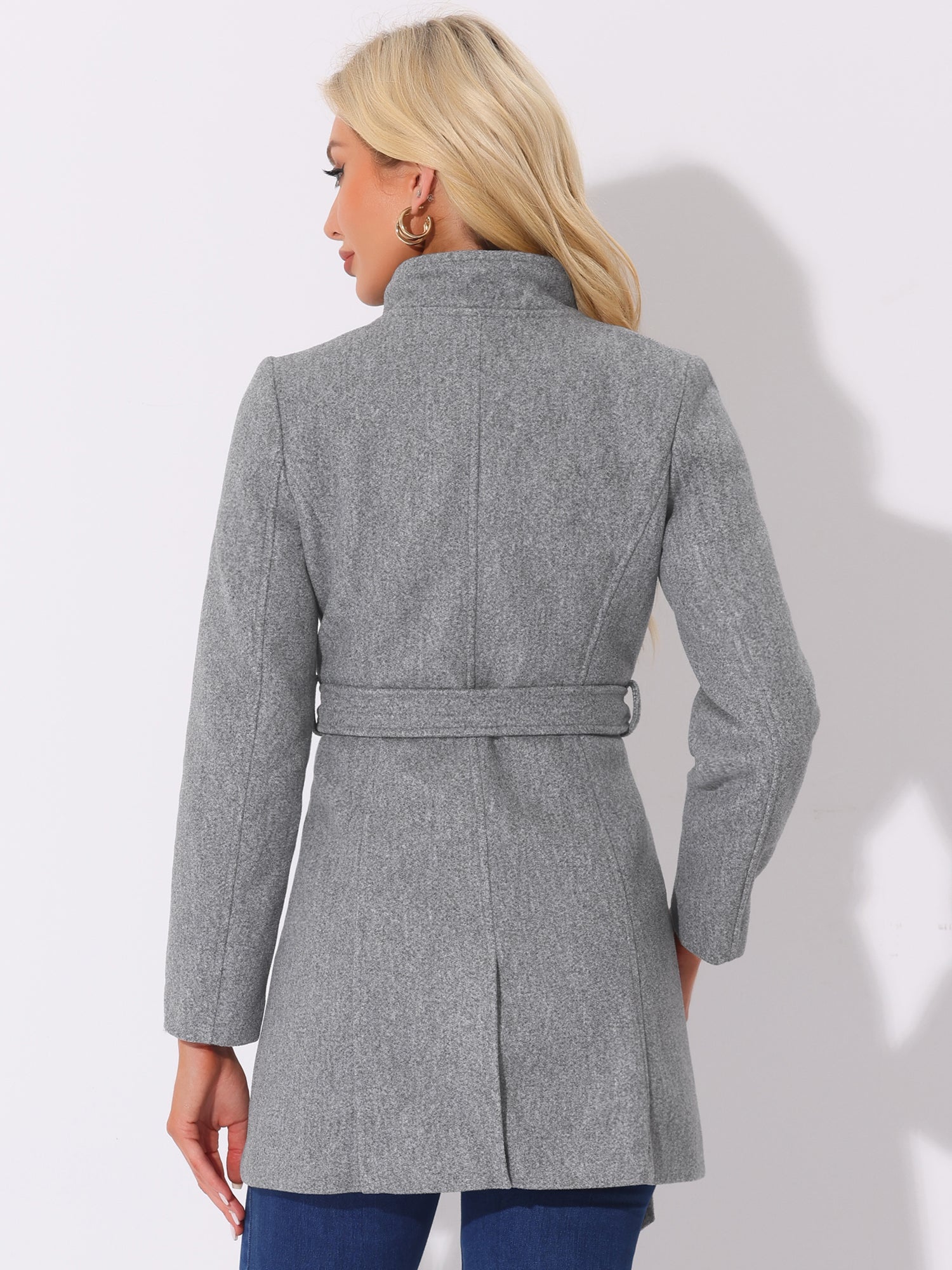 Classic Stand Collar Long Sleeve Belted Winter Coat