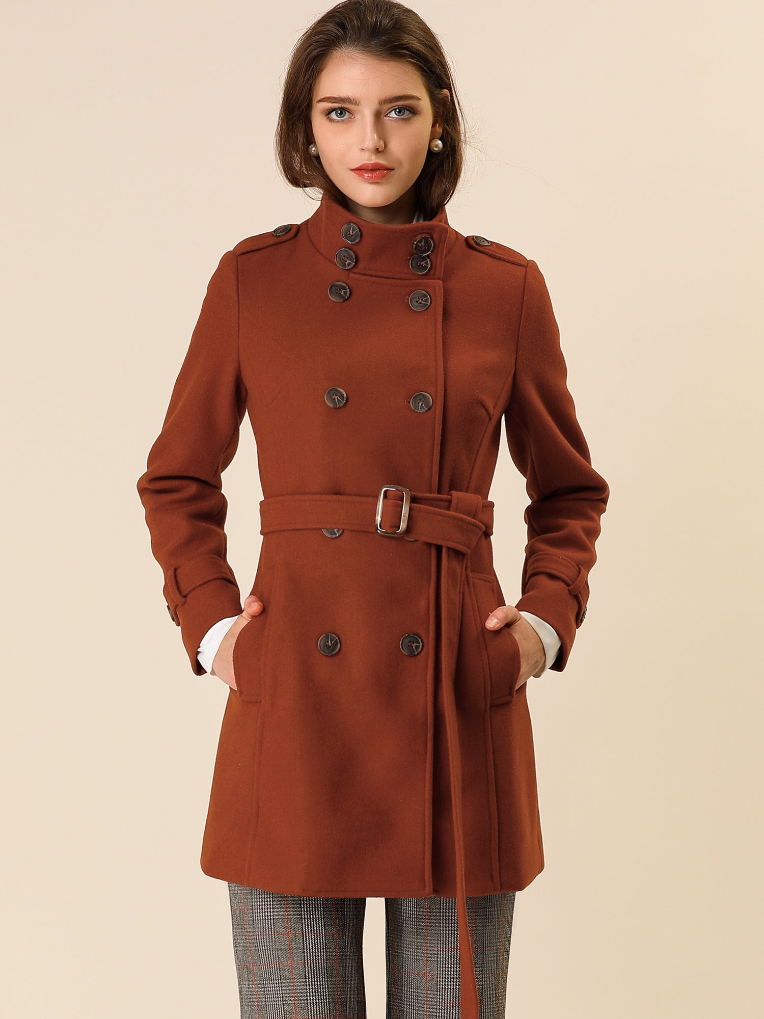 Stand Collar Double Breasted Trendy Belted Winter Coat