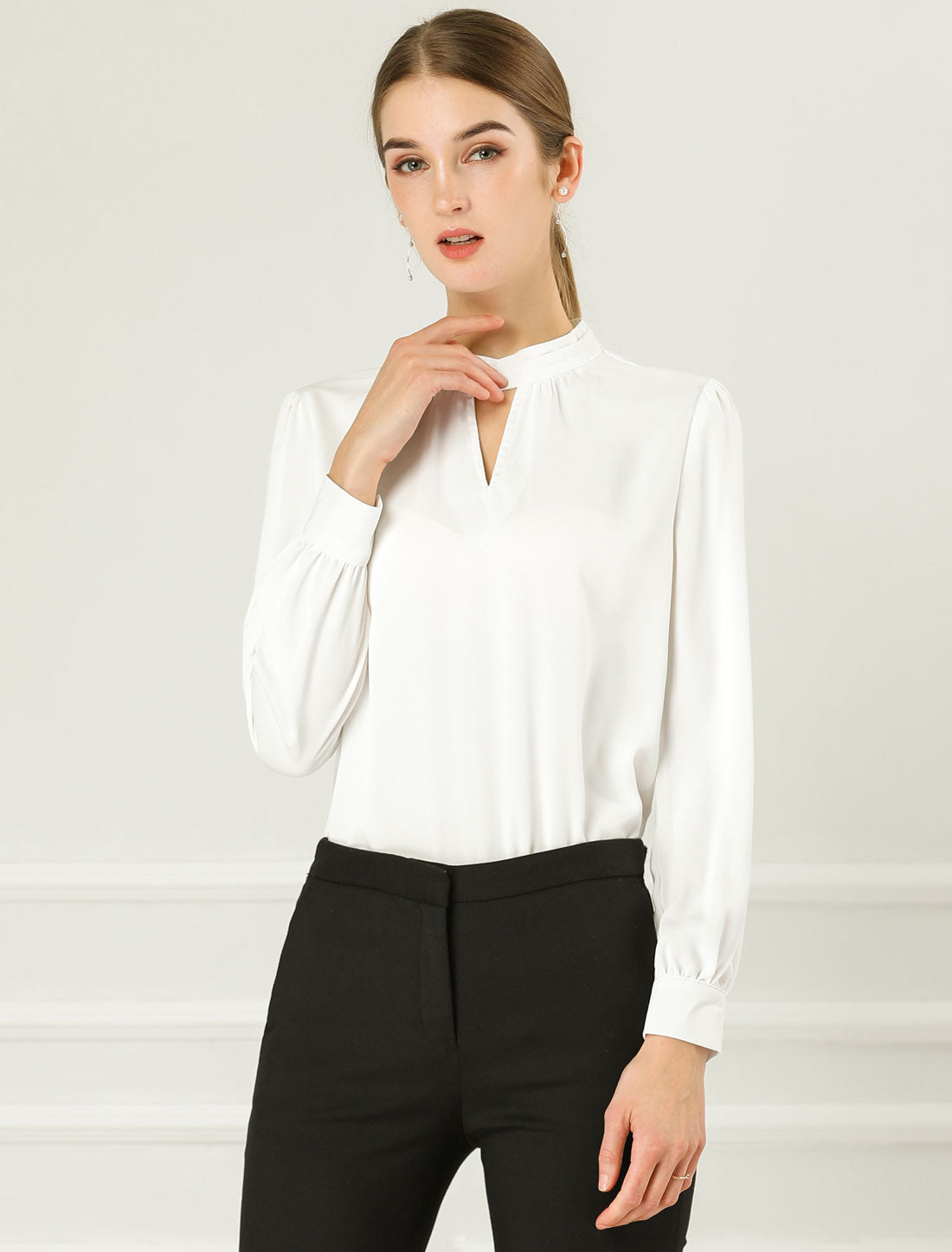 Keyhole Elegant Stand Collar Long Sleeve Chiffon Office Blouse