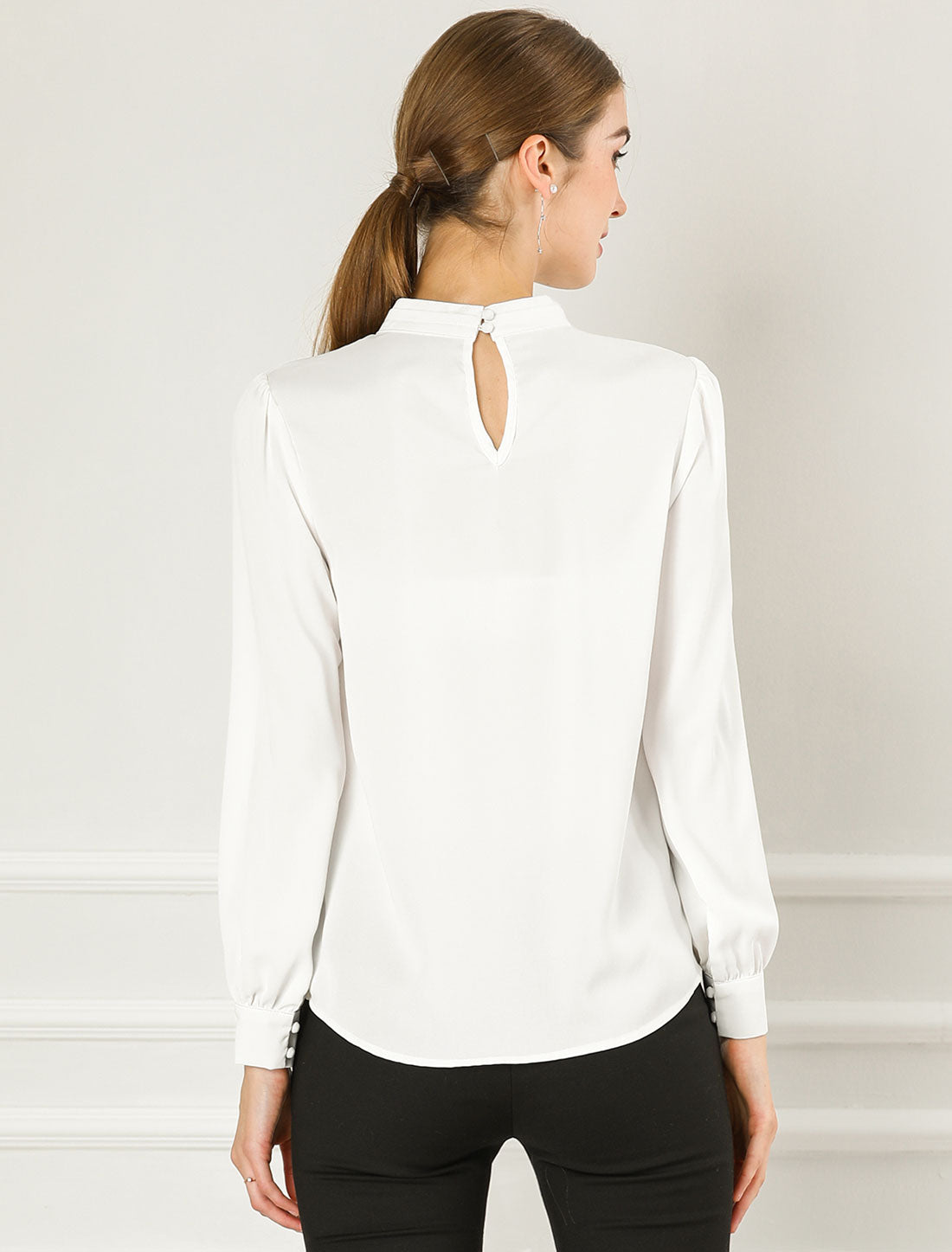 Keyhole Elegant Stand Collar Long Sleeve Chiffon Office Blouse
