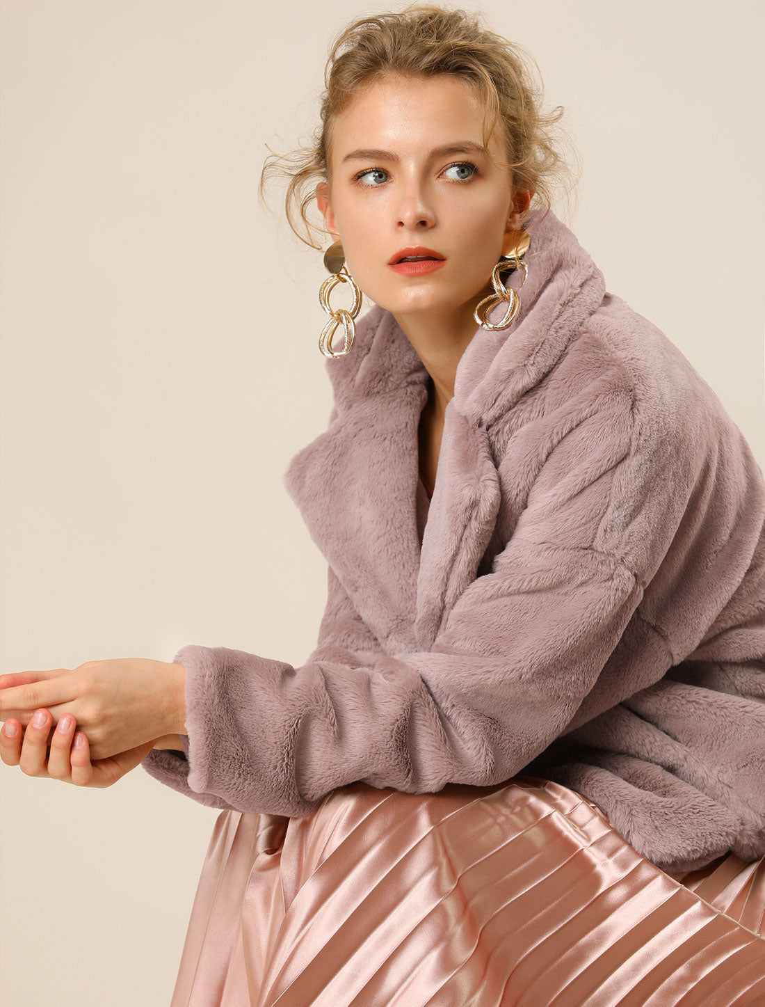 Allegra K Cropped Notch Lapel Faux Fur Fluffy Jacket
