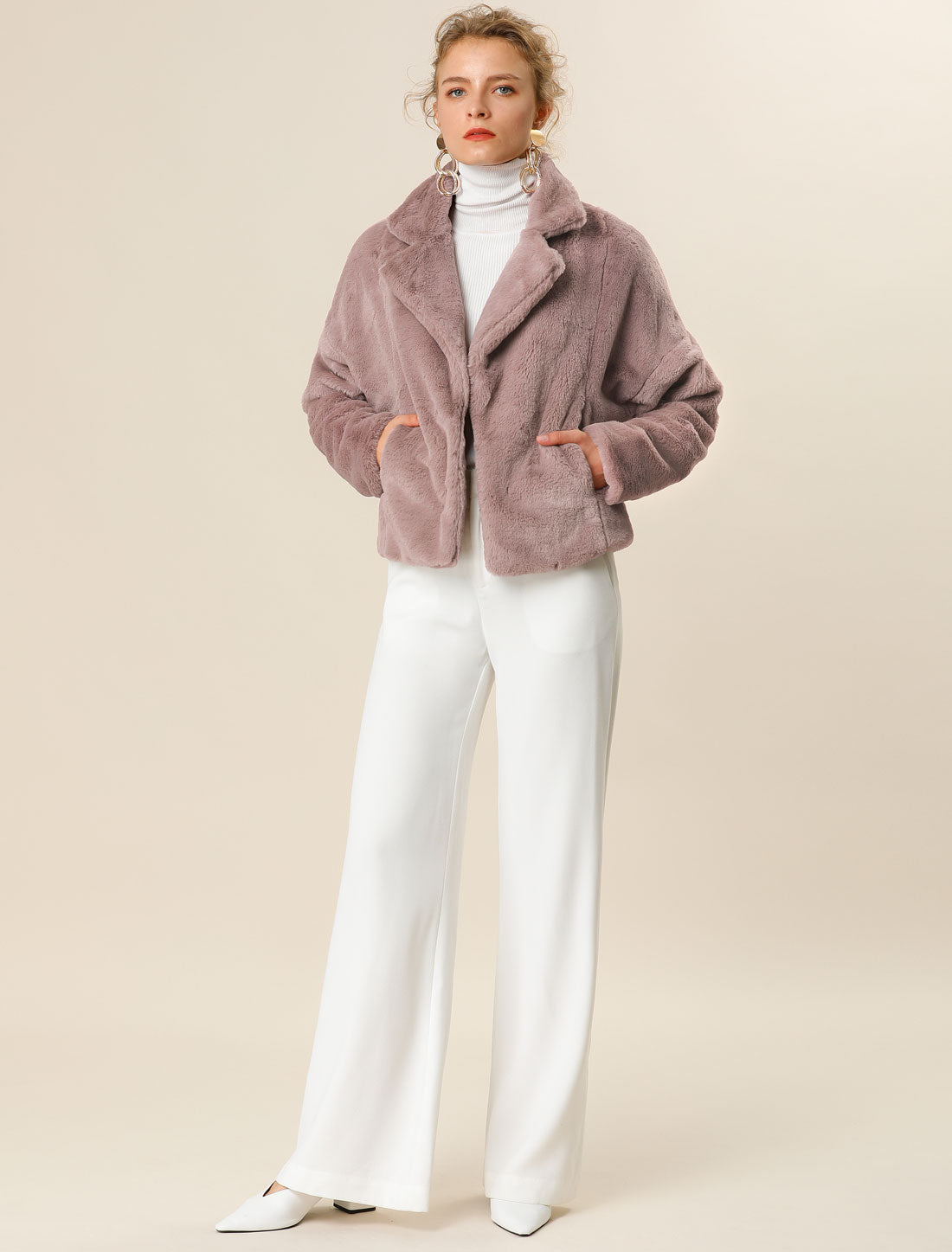 Allegra K Cropped Notch Lapel Faux Fur Fluffy Jacket