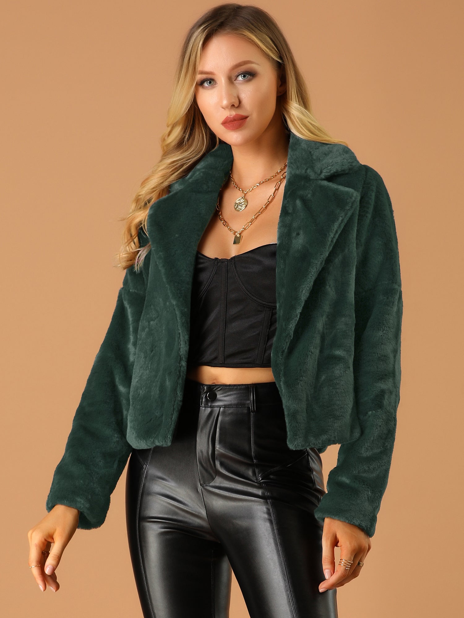 Allegra K Cropped Notch Lapel Faux Fur Fluffy Jacket
