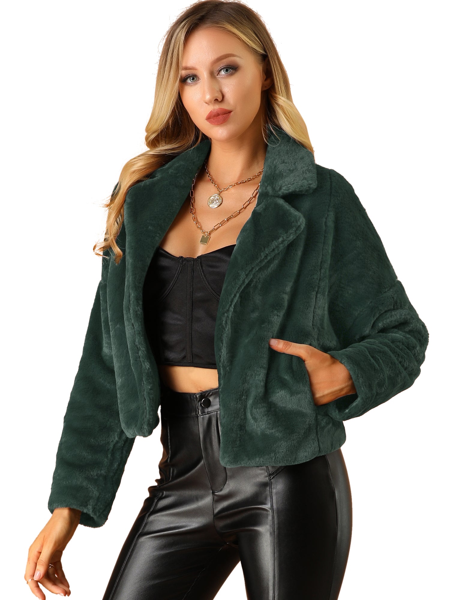 Allegra K Cropped Notch Lapel Faux Fur Fluffy Jacket