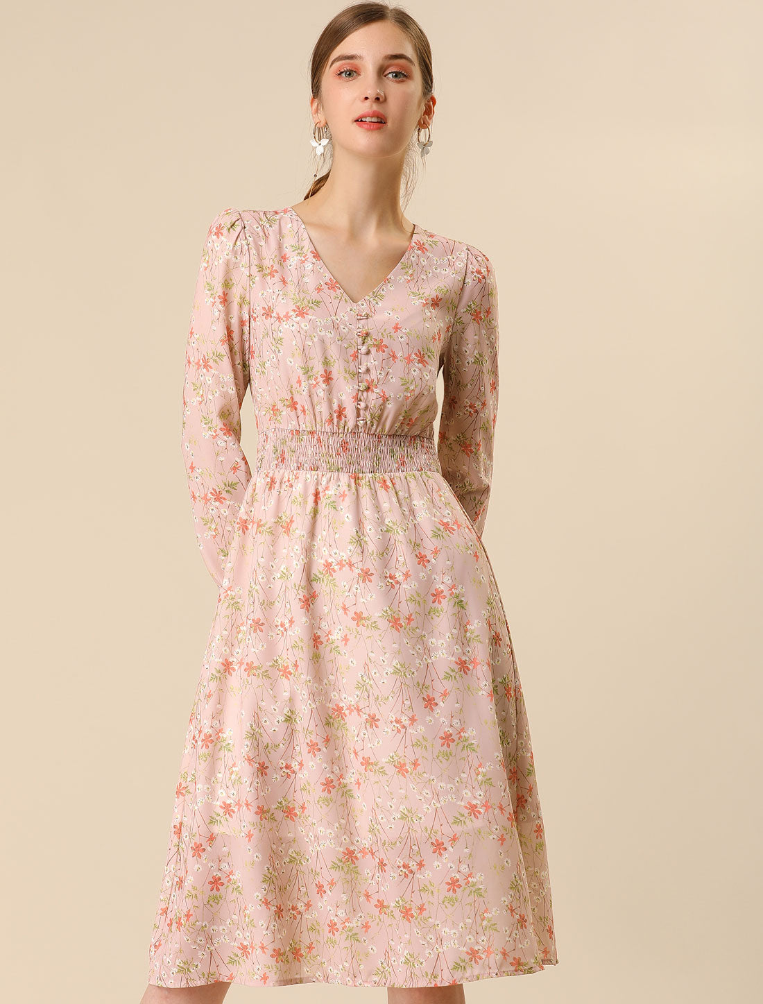 Floral Print V-Neck Long Sleeve Smocked Waist Midi Dress