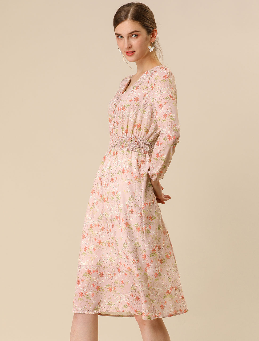 Floral Print V-Neck Long Sleeve Smocked Waist Midi Dress