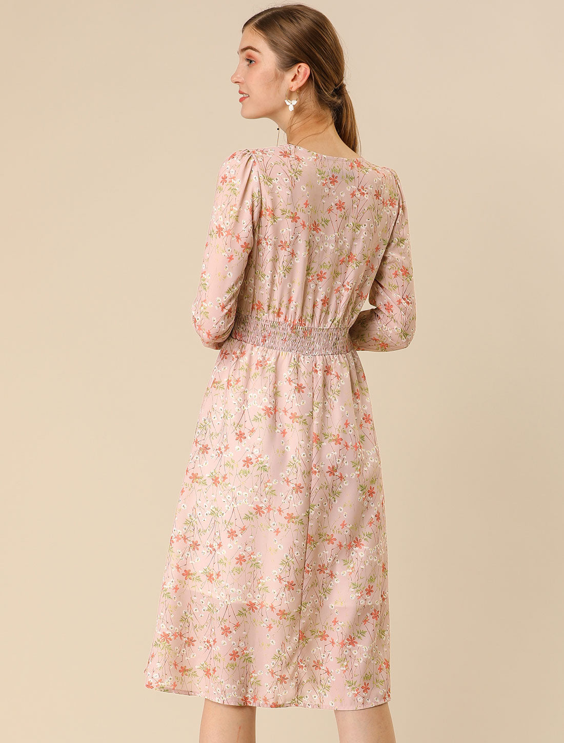 Floral Print V-Neck Long Sleeve Smocked Waist Midi Dress