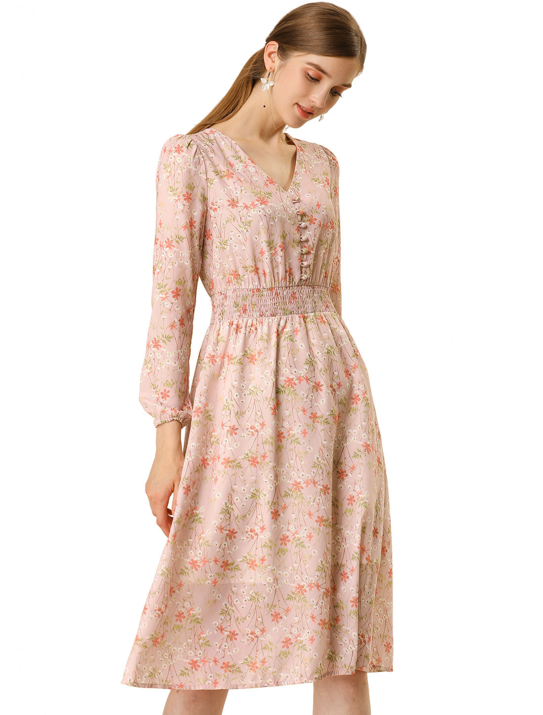 Floral Print V-Neck Long Sleeve Smocked Waist Midi Dress