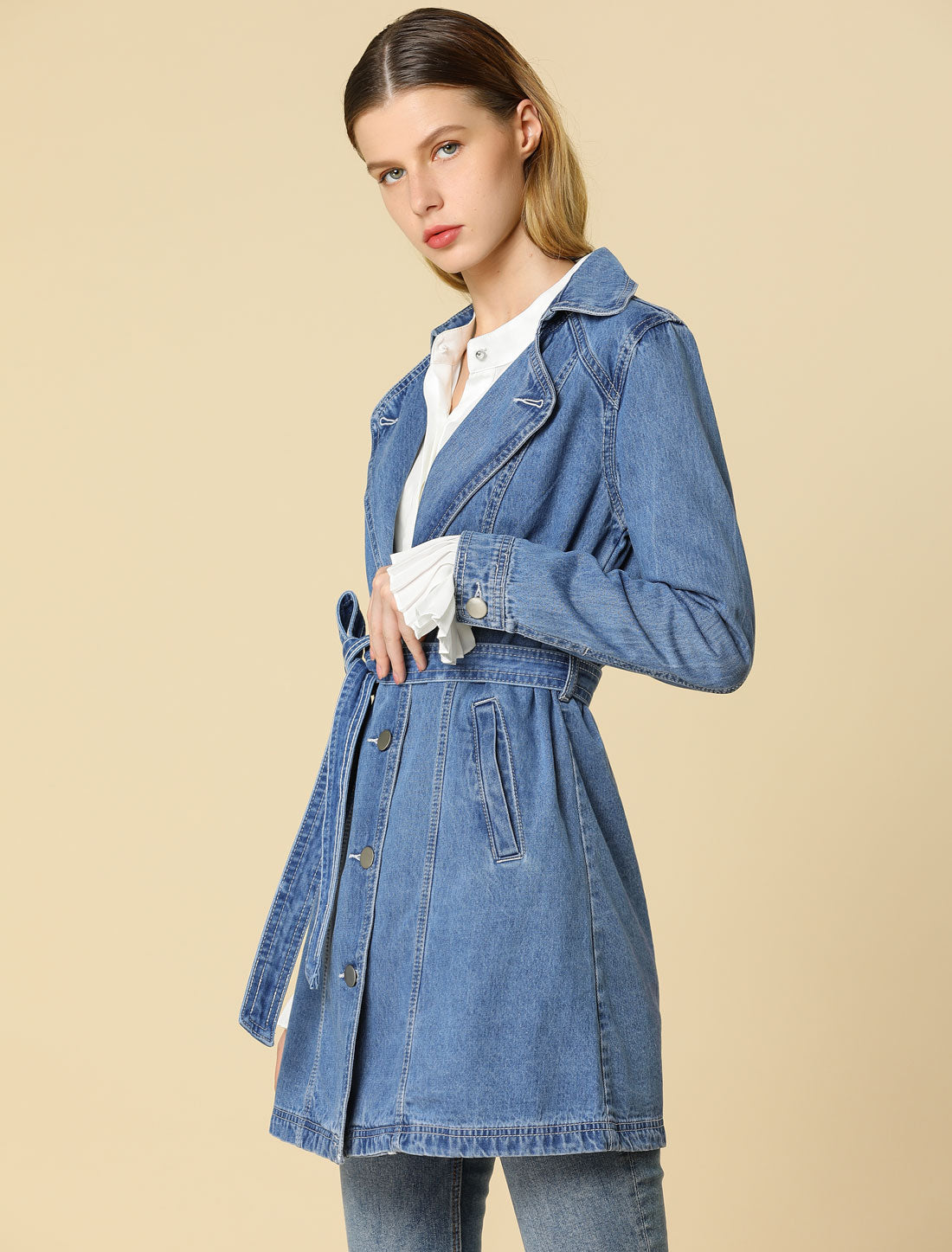 Notched Lapel Belted Trench Long Jean Denim Jacket