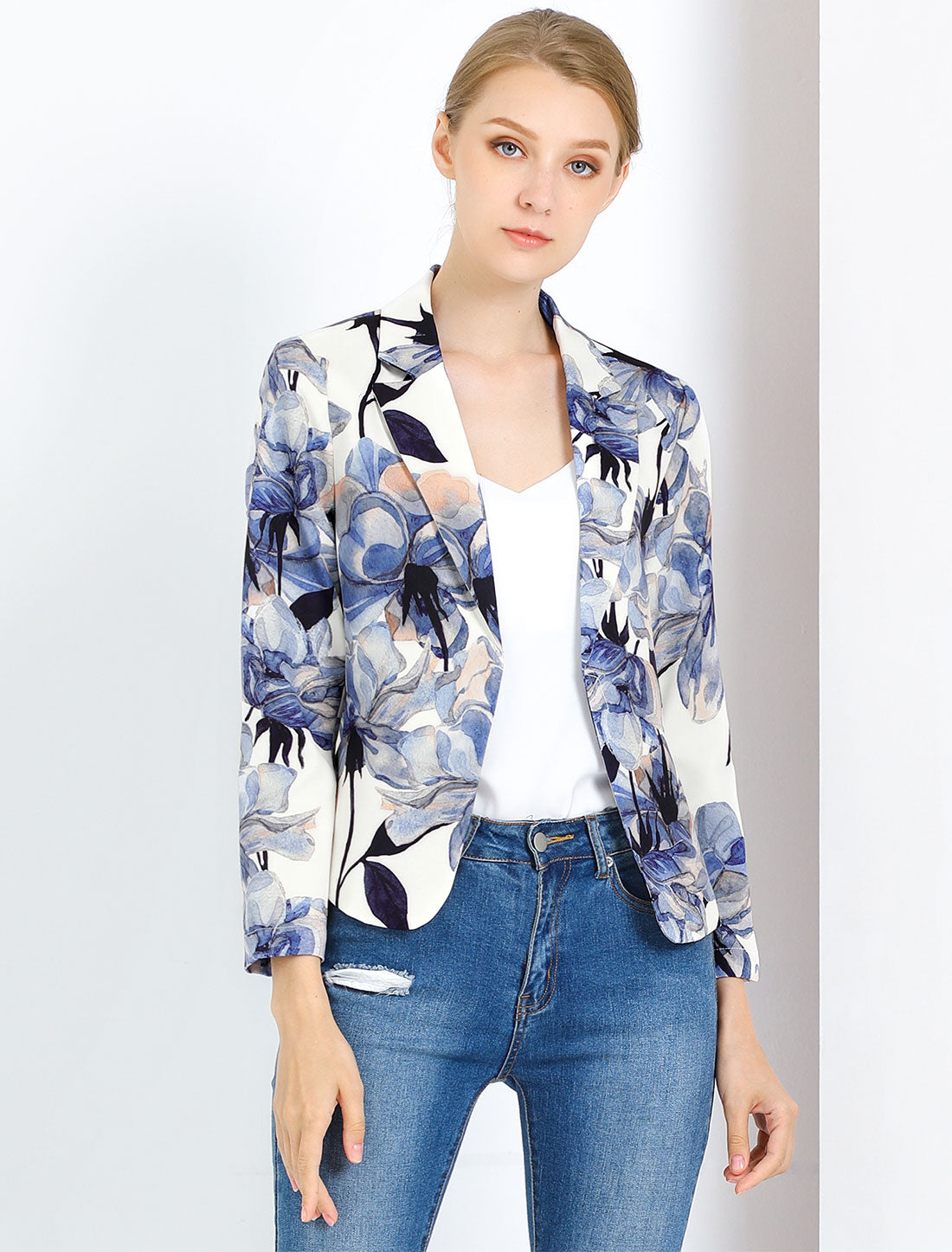Open Front Floral Work Business Crop Blazer Jacket