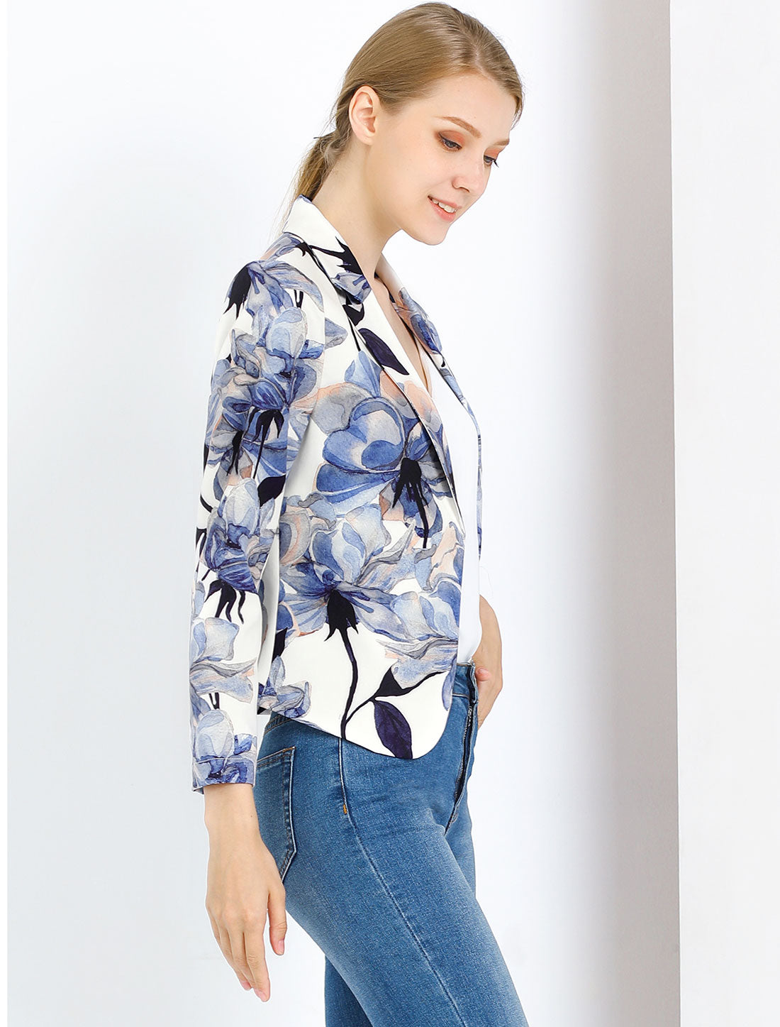 Open Front Floral Work Business Crop Blazer Jacket
