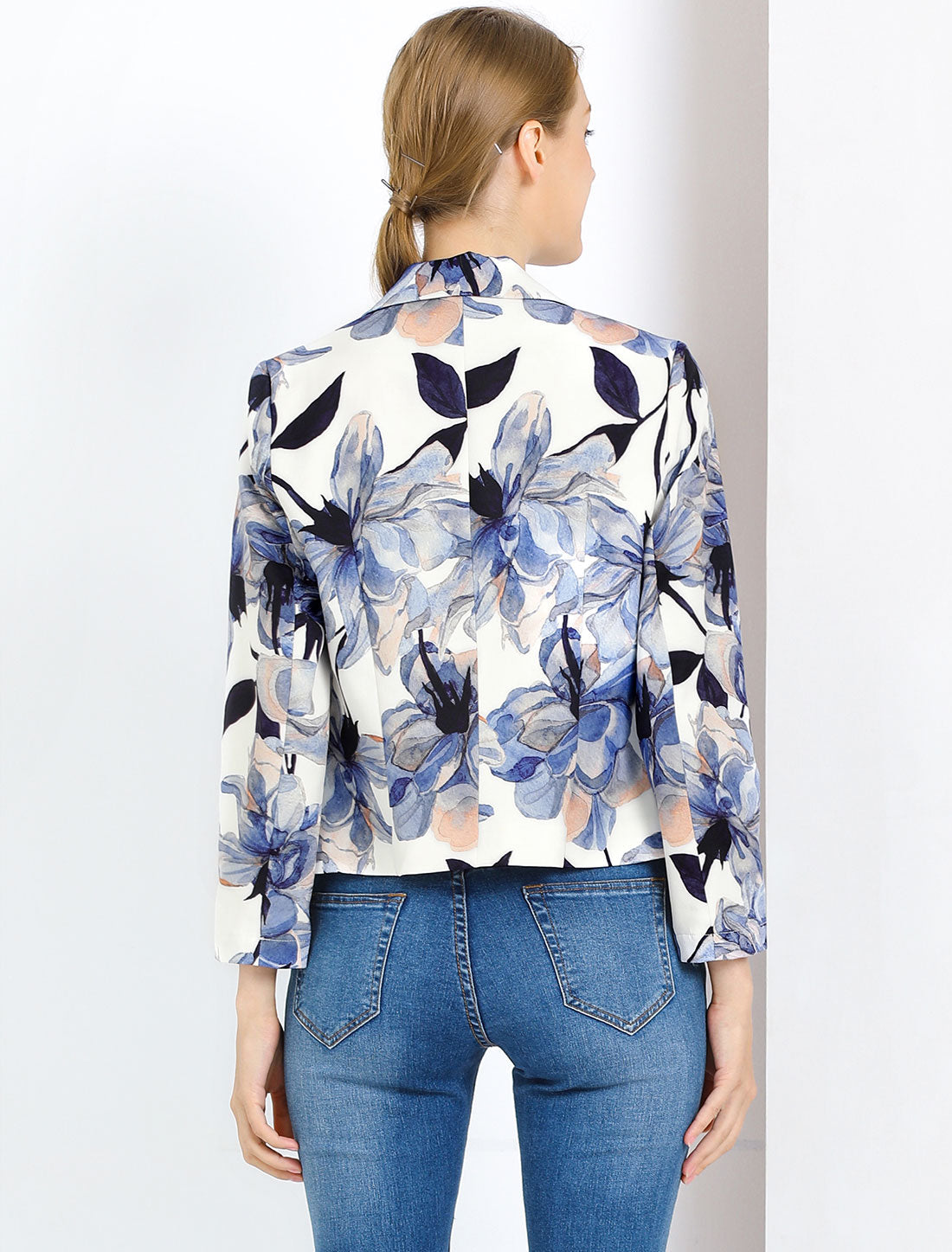 Open Front Floral Work Business Crop Blazer Jacket